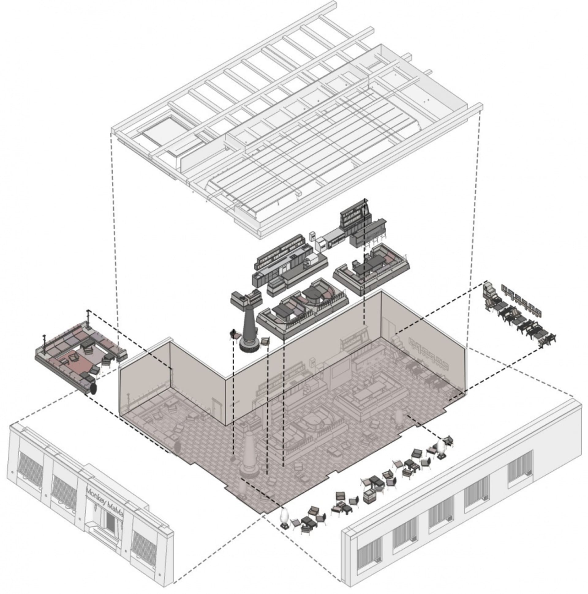 2D architectural drawing illustrating an interior design layout with various rooms and furniture arrangements.