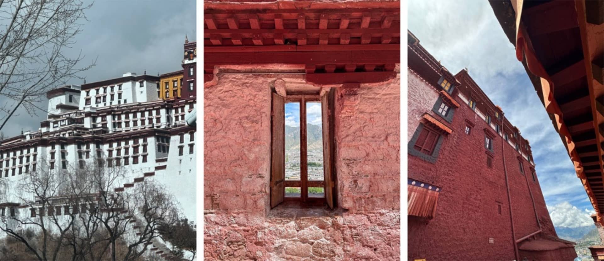 Red-walled Tibetan architectural structure with a window overlooking mountains.
