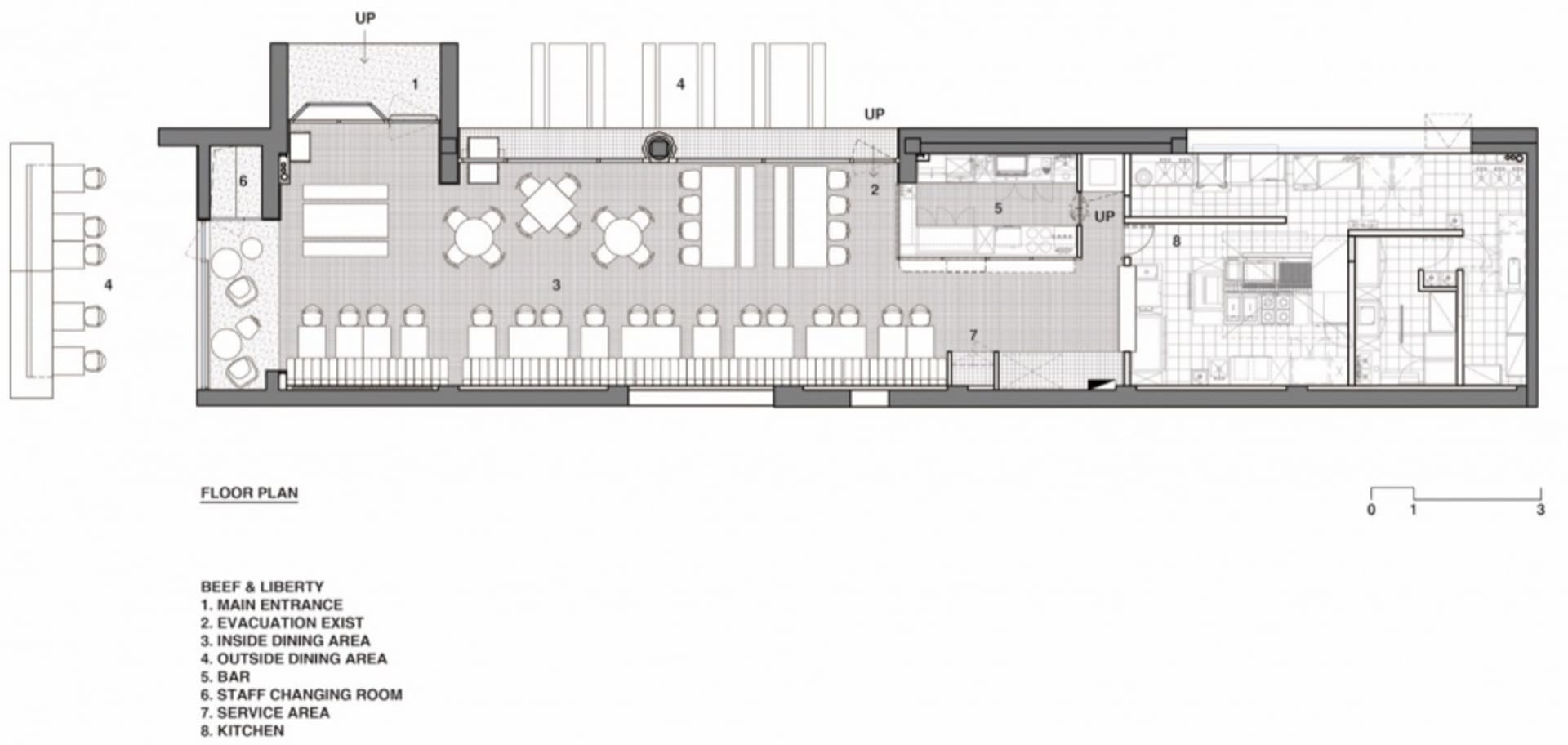 一張黑白現代餐廳室內建築平面圖。