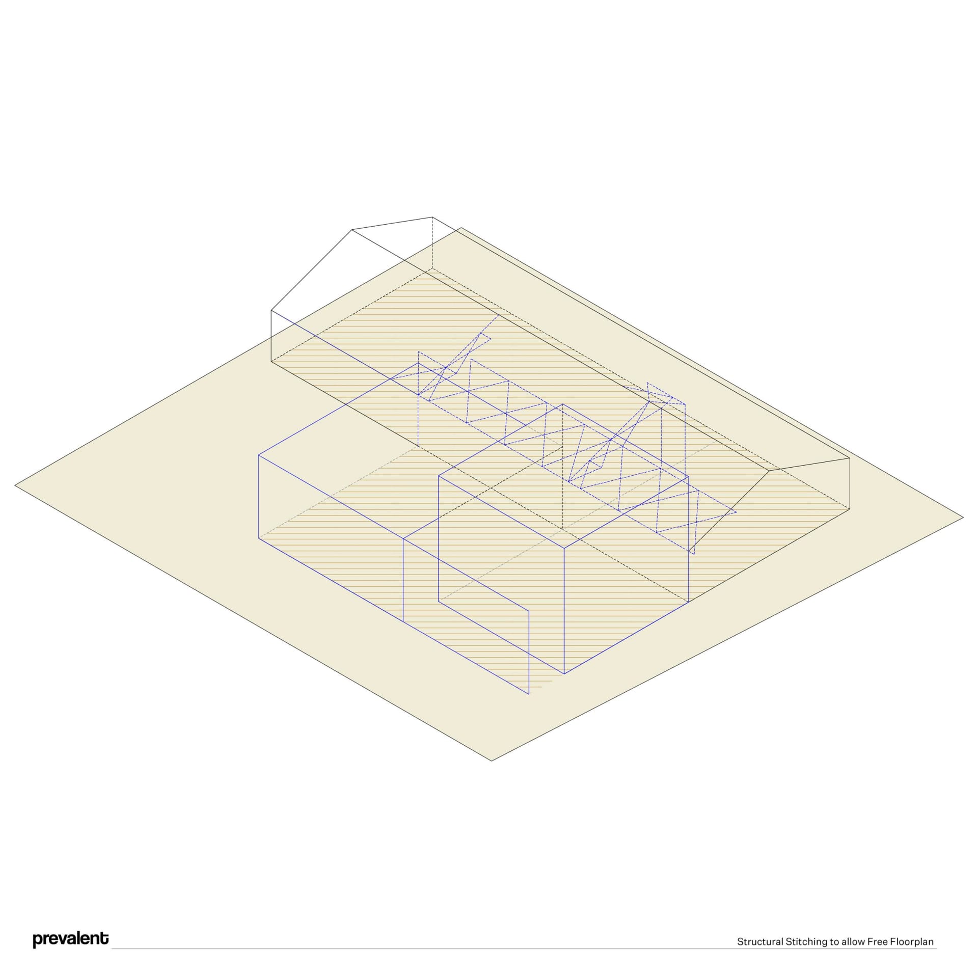 3D 渲染圖,展示在平面圖中運用線條與區塊的結構縫合設計。