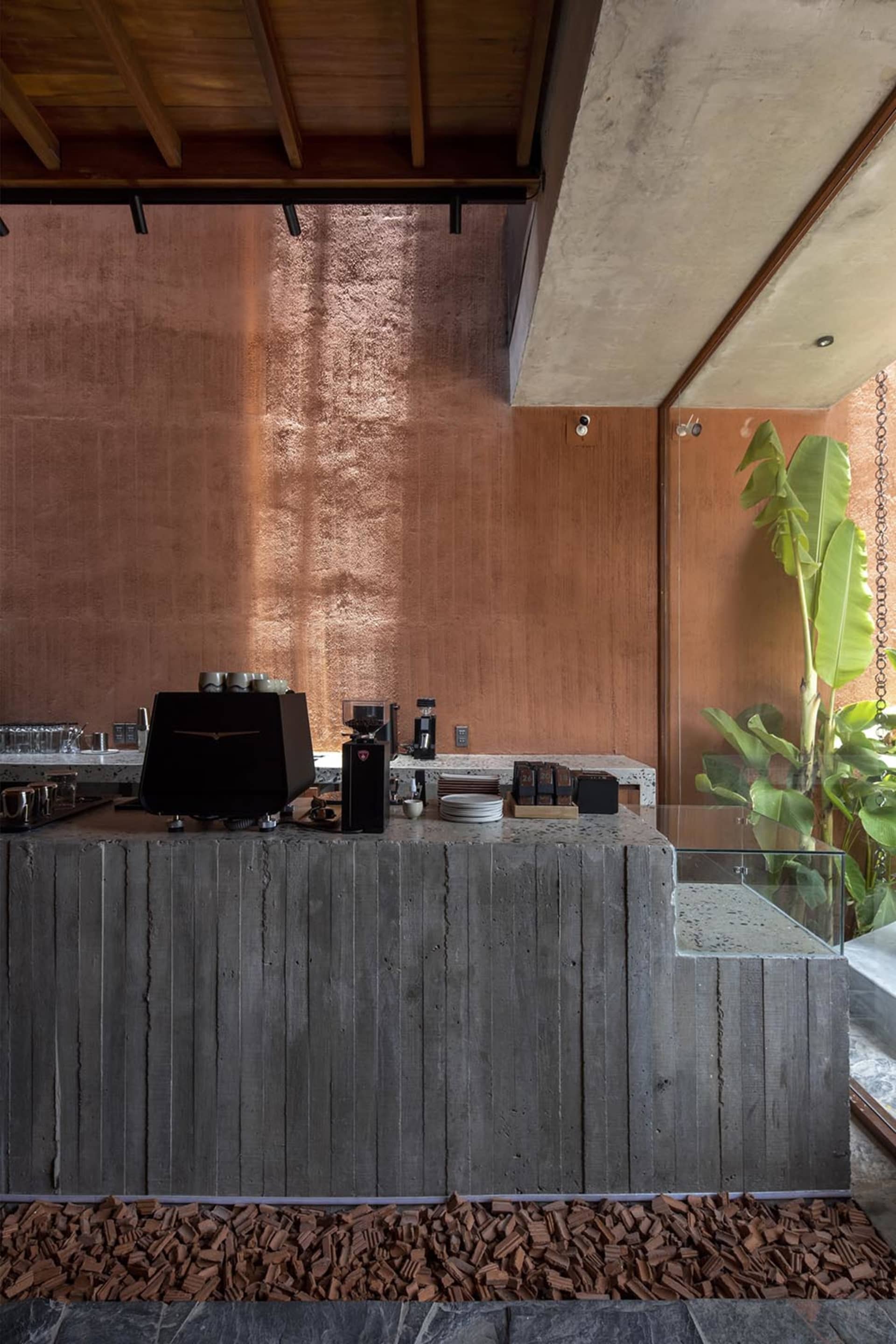 Concrete coffee shop counter with industrial design elements