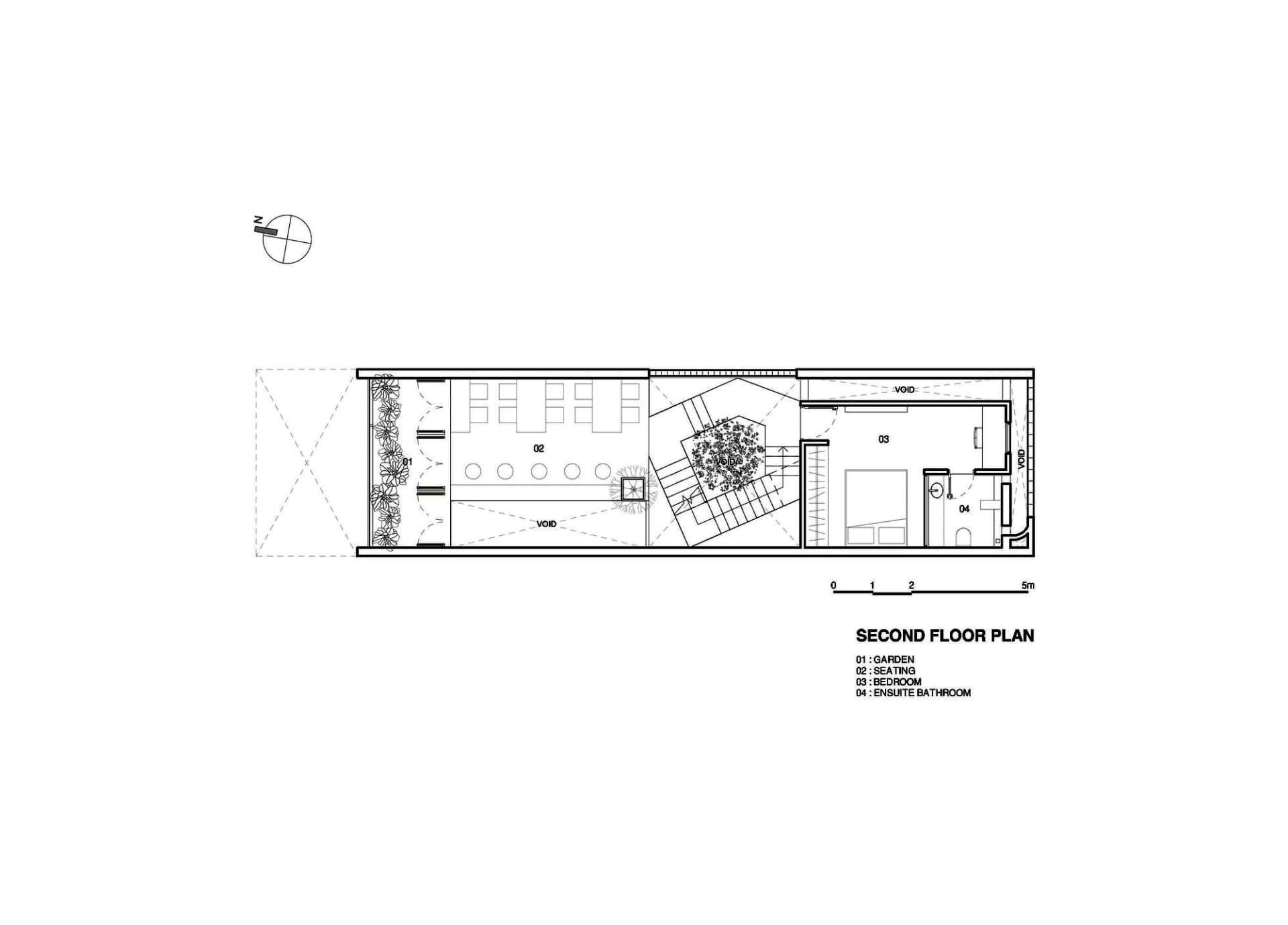 2D architectural drawing depicting a second floor layout with garden, seating, bedroom, and ensuite bathroom.