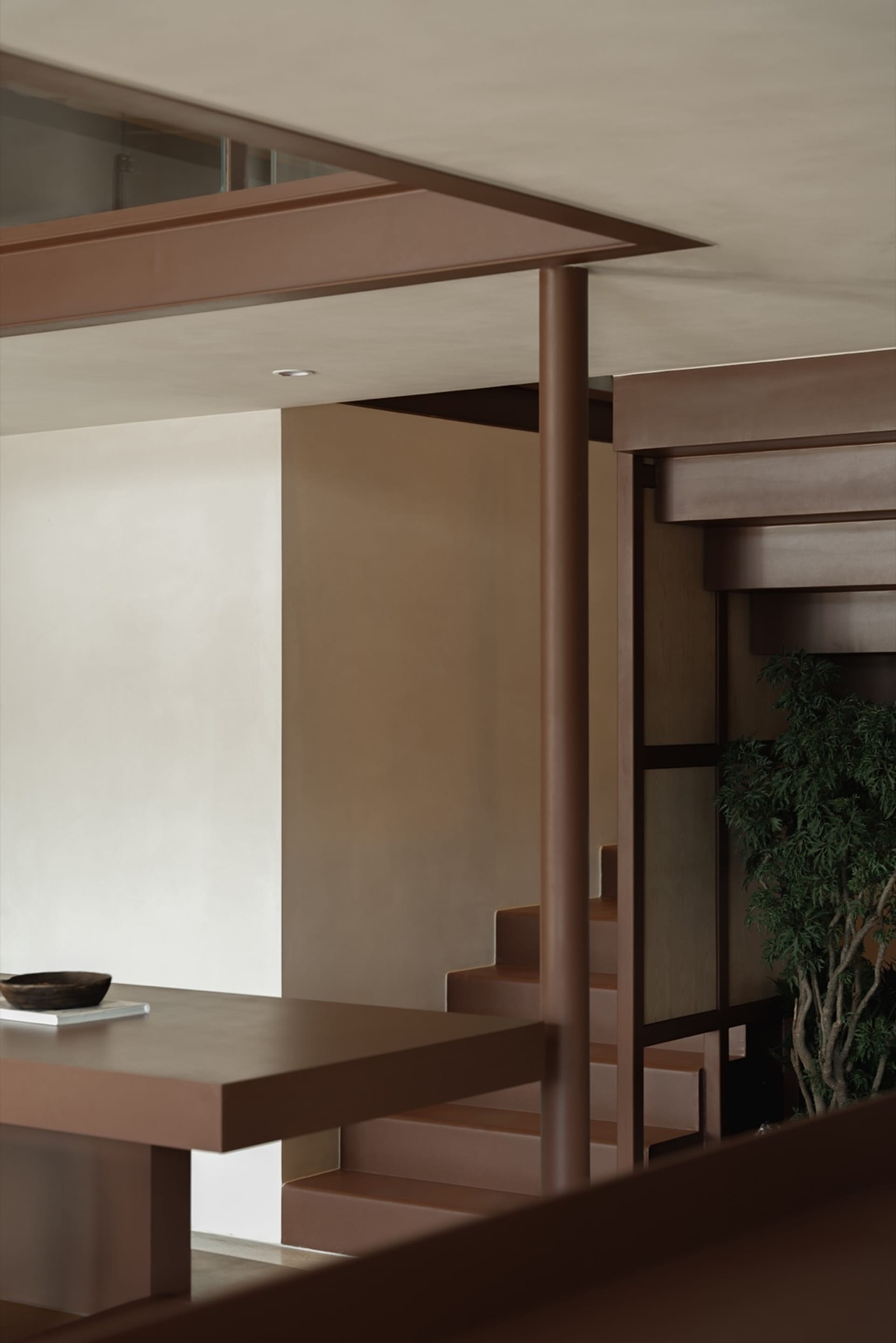 A modern living area with wood elements.