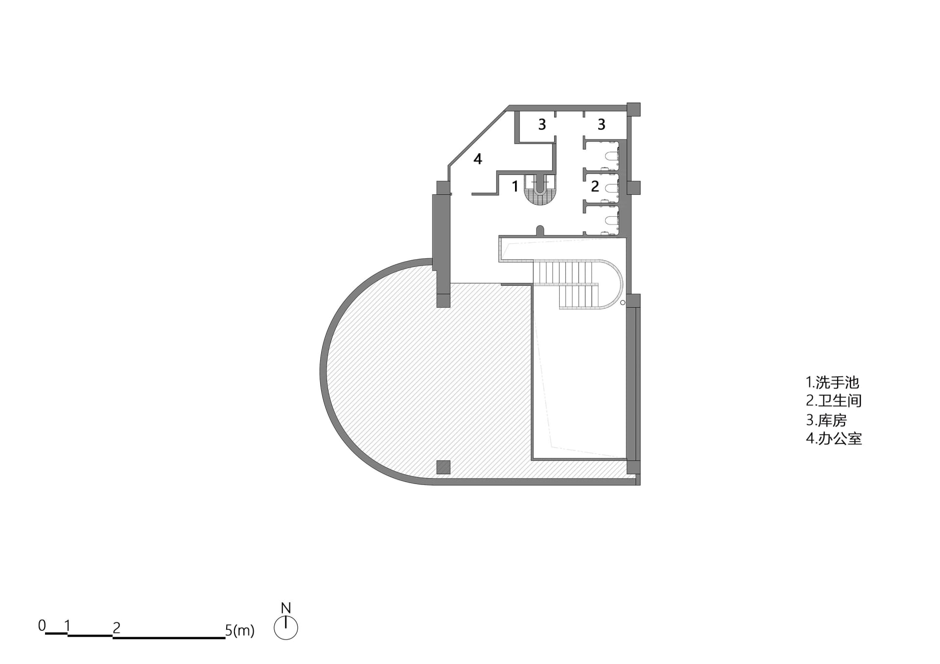 詳細的辦公室空間平面圖,標註各個房間,包括洗手間、小廚房、接待區和工作區