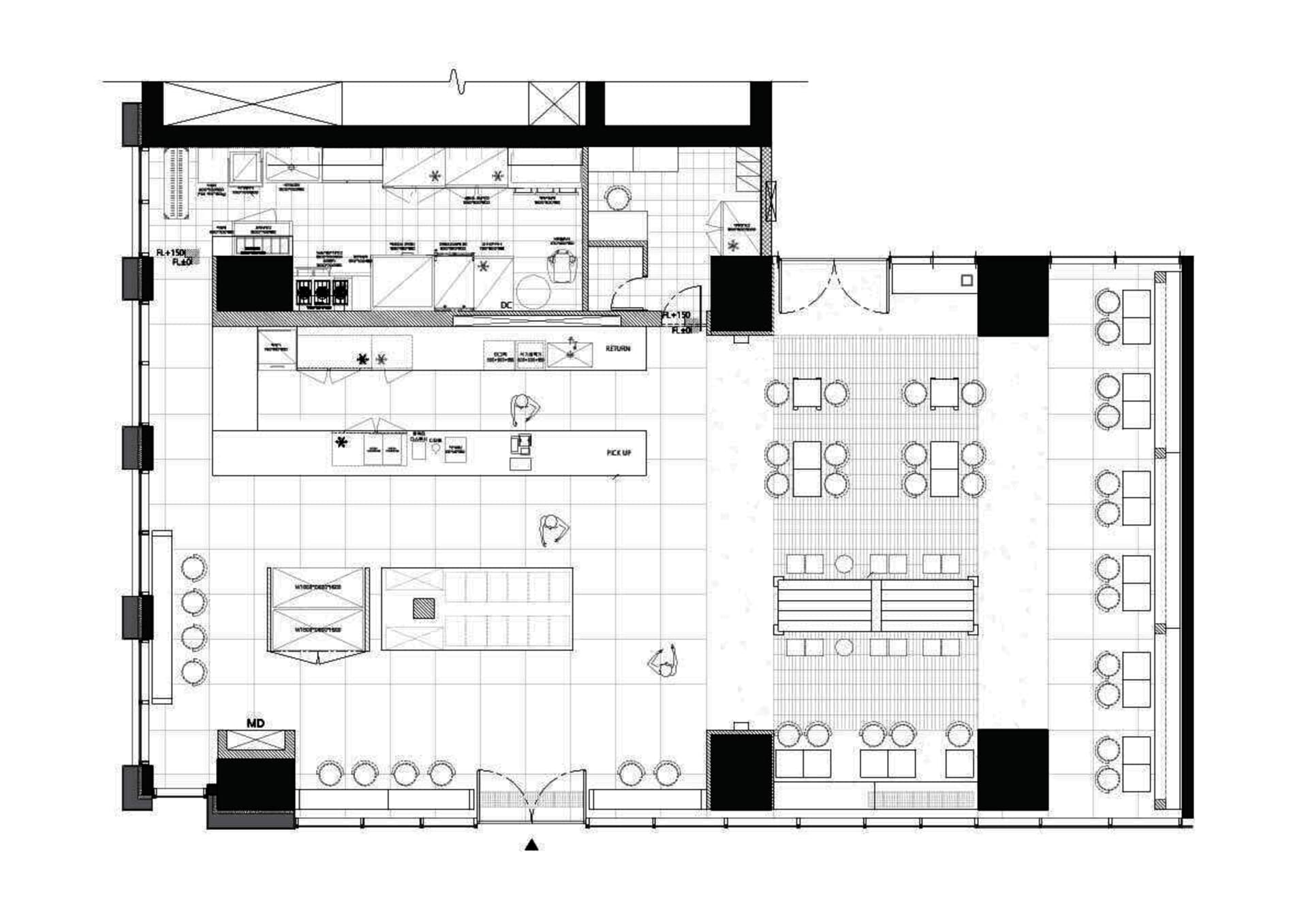 Detailed layout of a restaurant's interior space, including kitchen areas, seating arrangements, and functional zones.