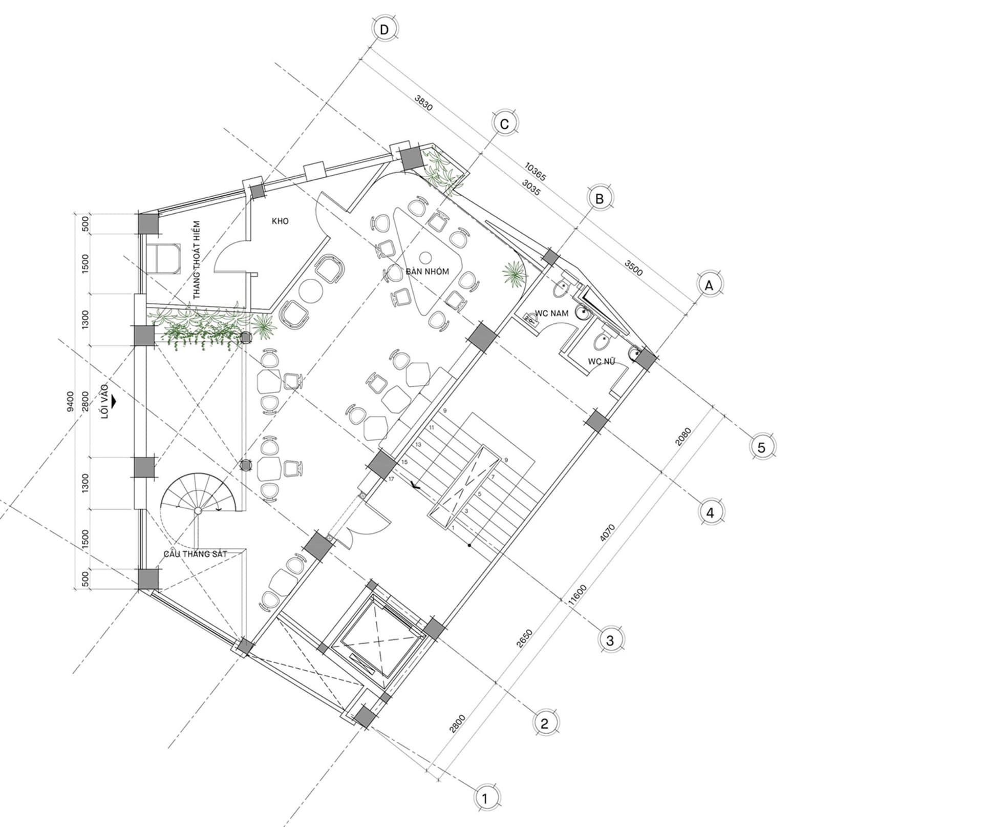Industrial-style office layout with steel beams, concrete floor, and glass partitions.
