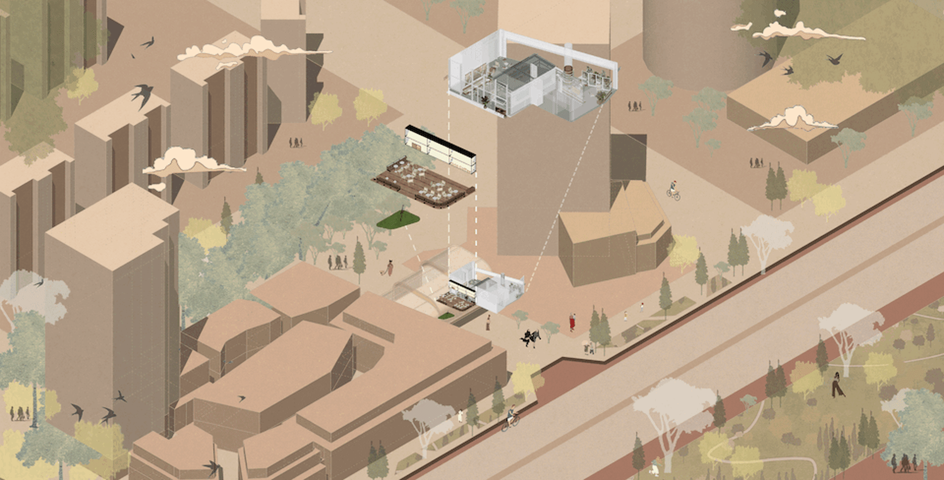 Urban public space design rendering on paper with people, buildings, and trees.