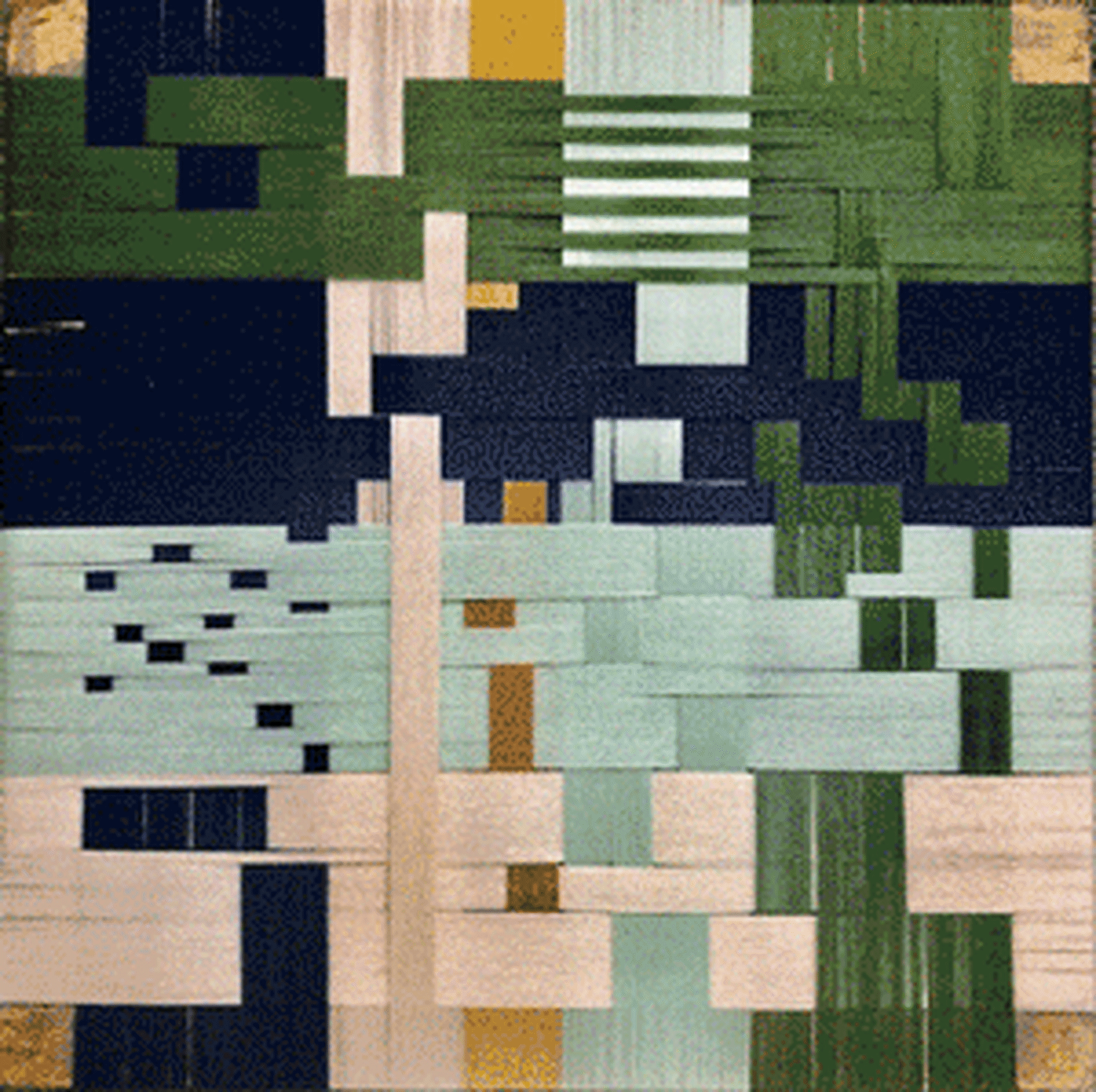 An abstract artwork featuring geometric shapes and muted colors in a mixed-media style.