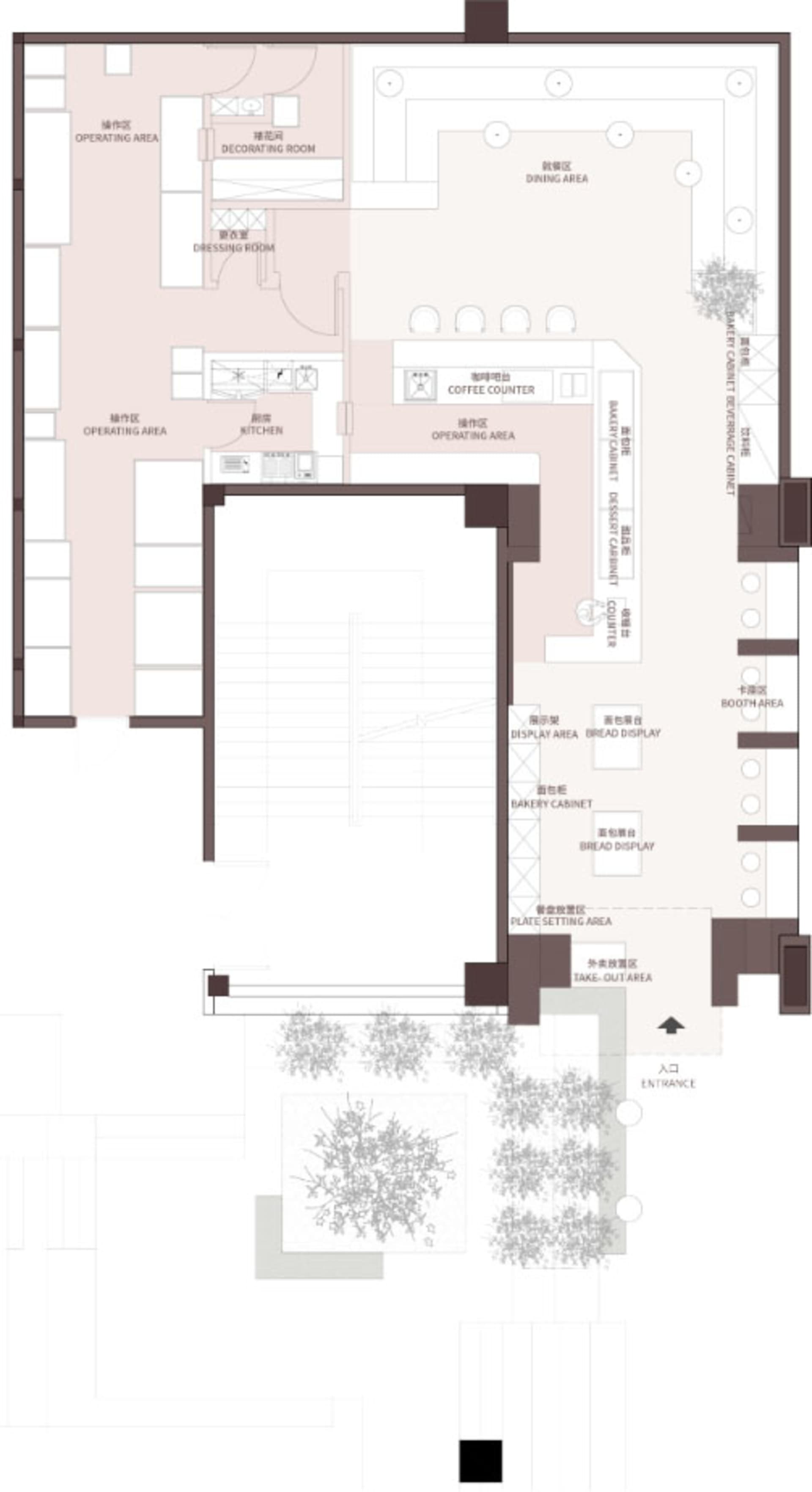 A detailed, 2D architectural drawing of a modern bakery's interior design, showcasing the layout of functional zones such as 
