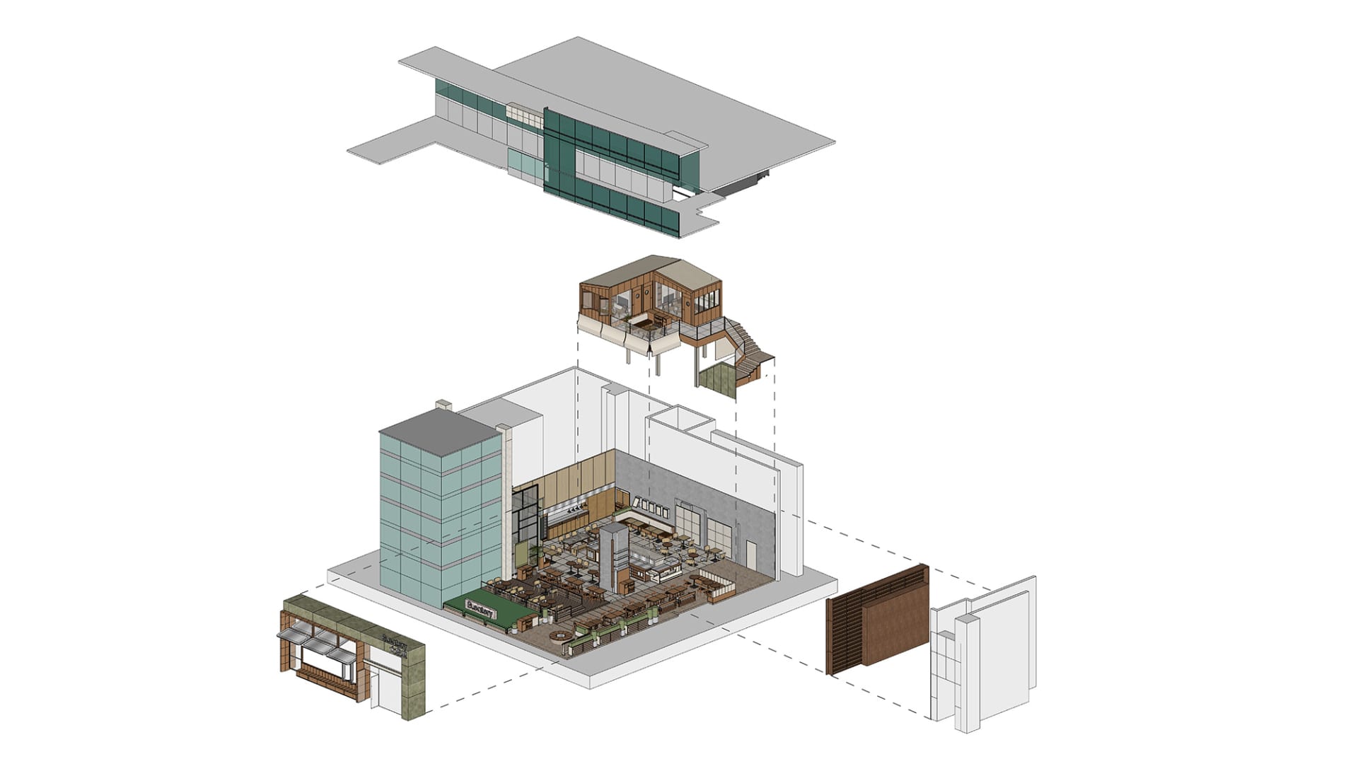 商業室內 3D 渲染圖，展示一處現代設計的吧台，採用混合材質，線條俐落