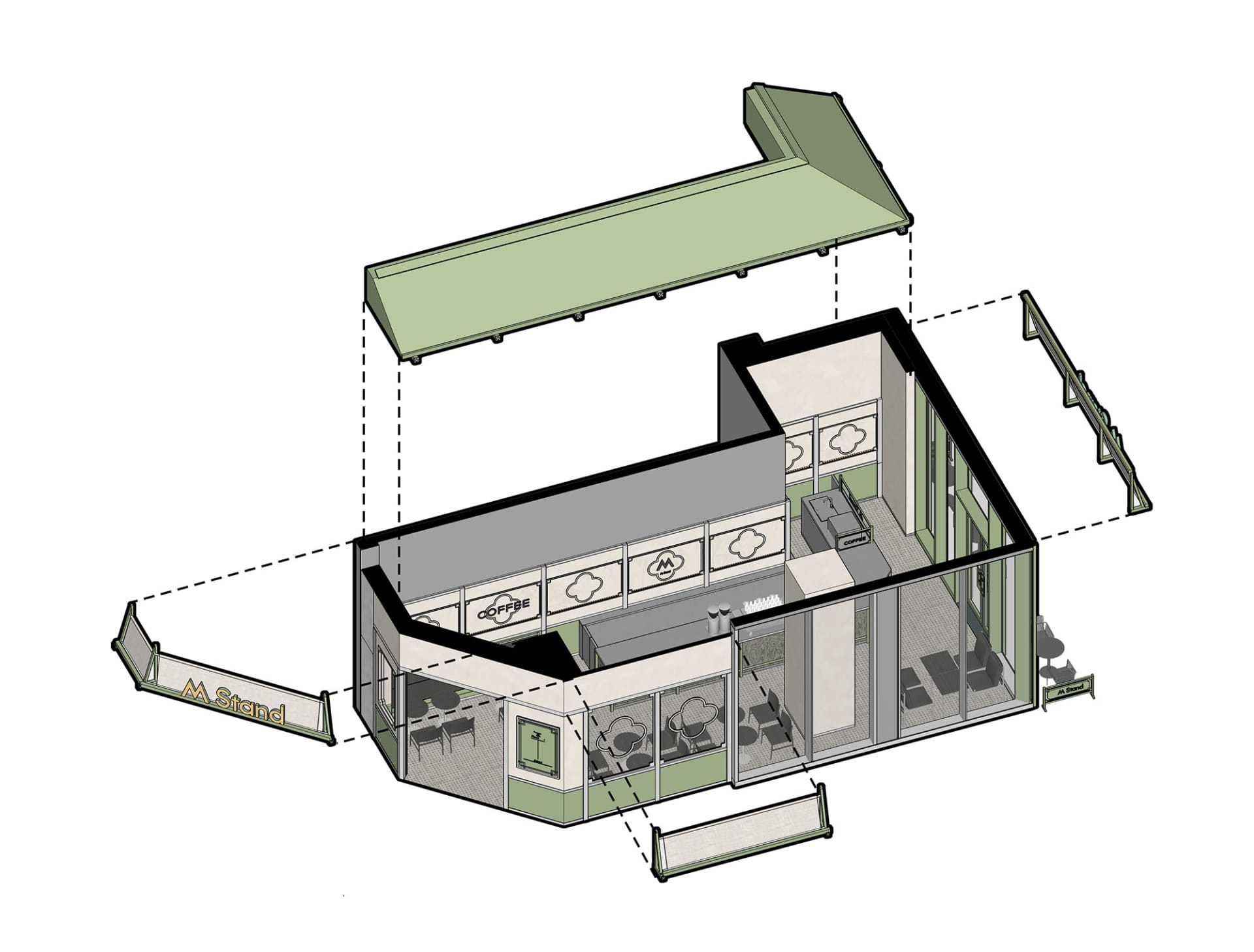 以3D透視呈現的現代咖啡廳室內,搭配當代家具與設計元素。