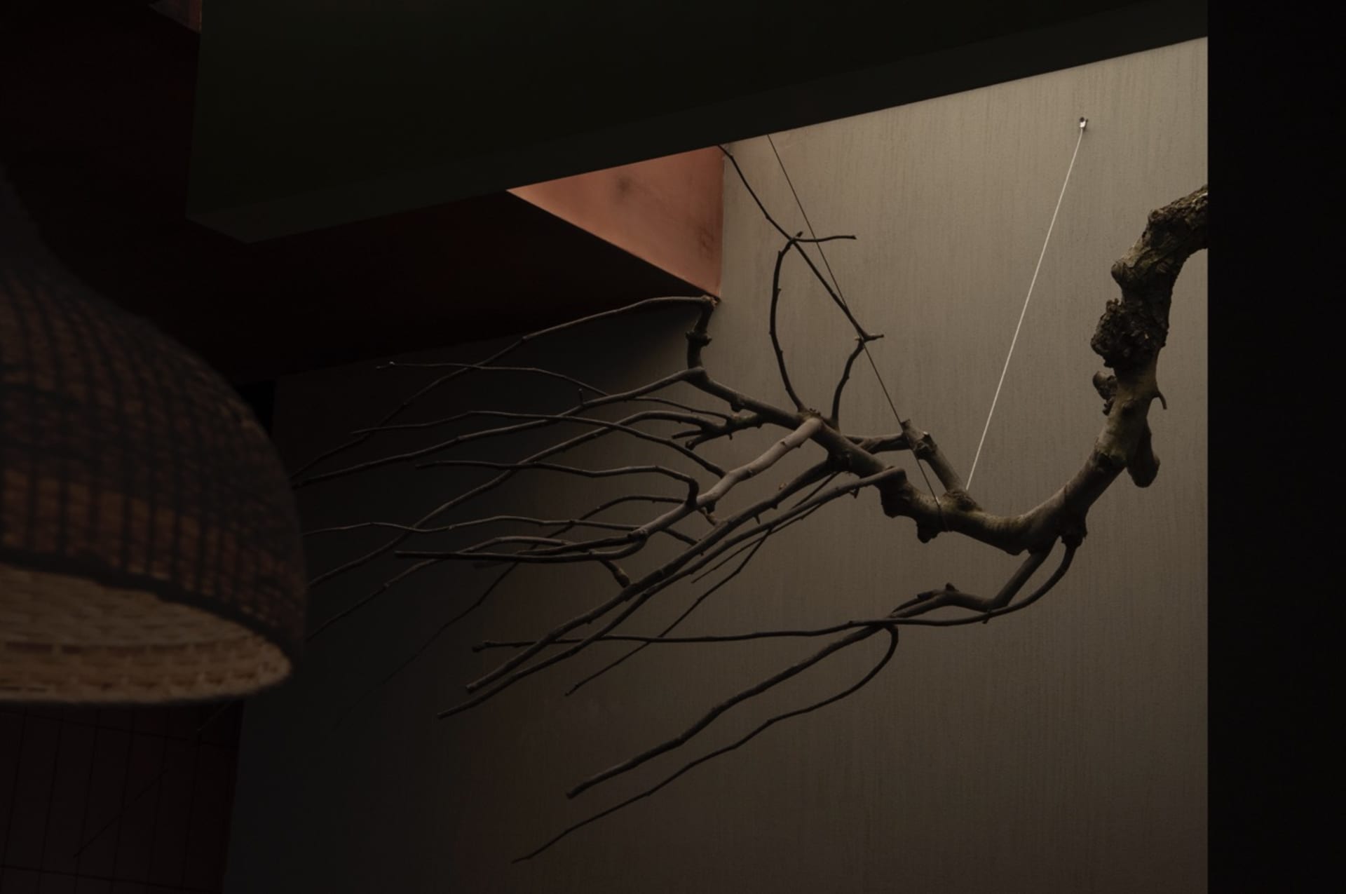 Modern interior design featuring metallic tree twigs on wall