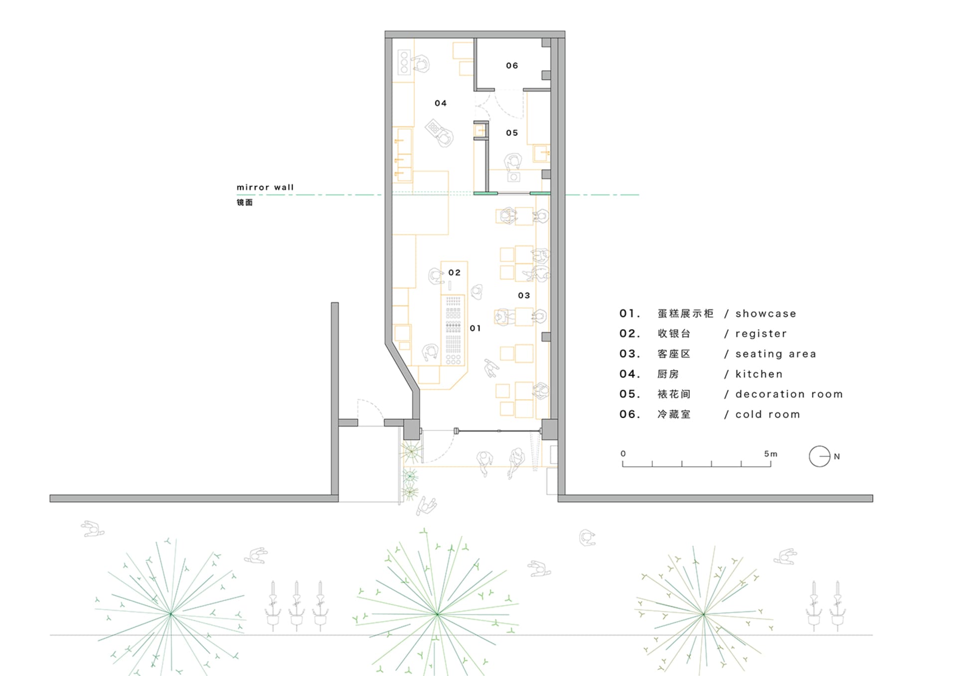 Floor plan of a coffee shop showing functional zones and spatial composition.