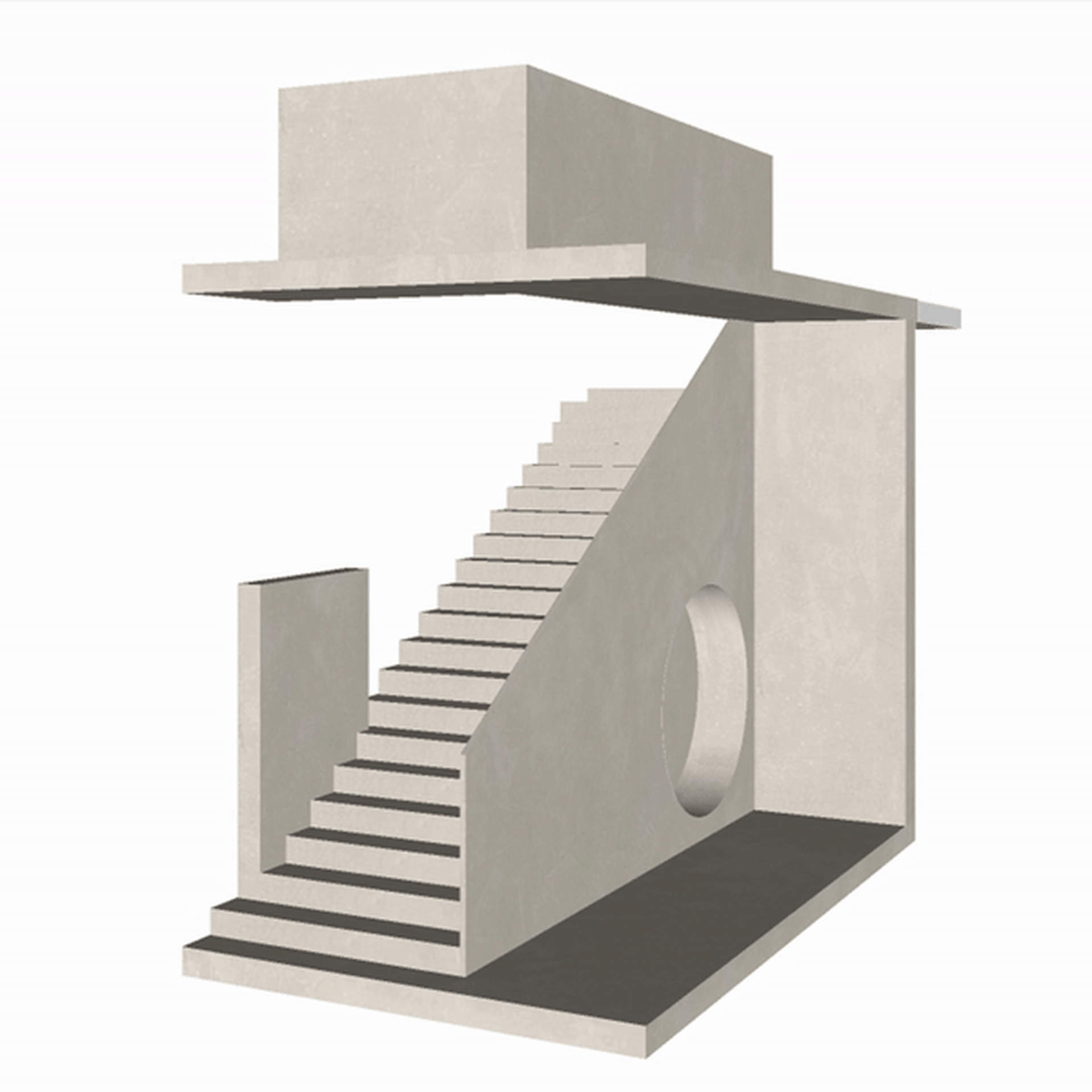 Concrete staircase design with a circular cutout in a concrete wall.