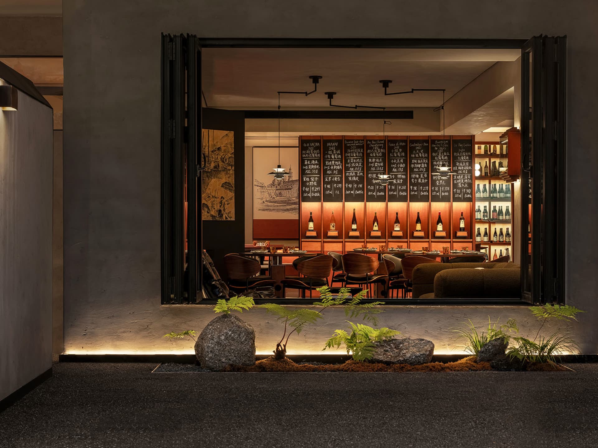 A modern restaurant interior with industrial design features.