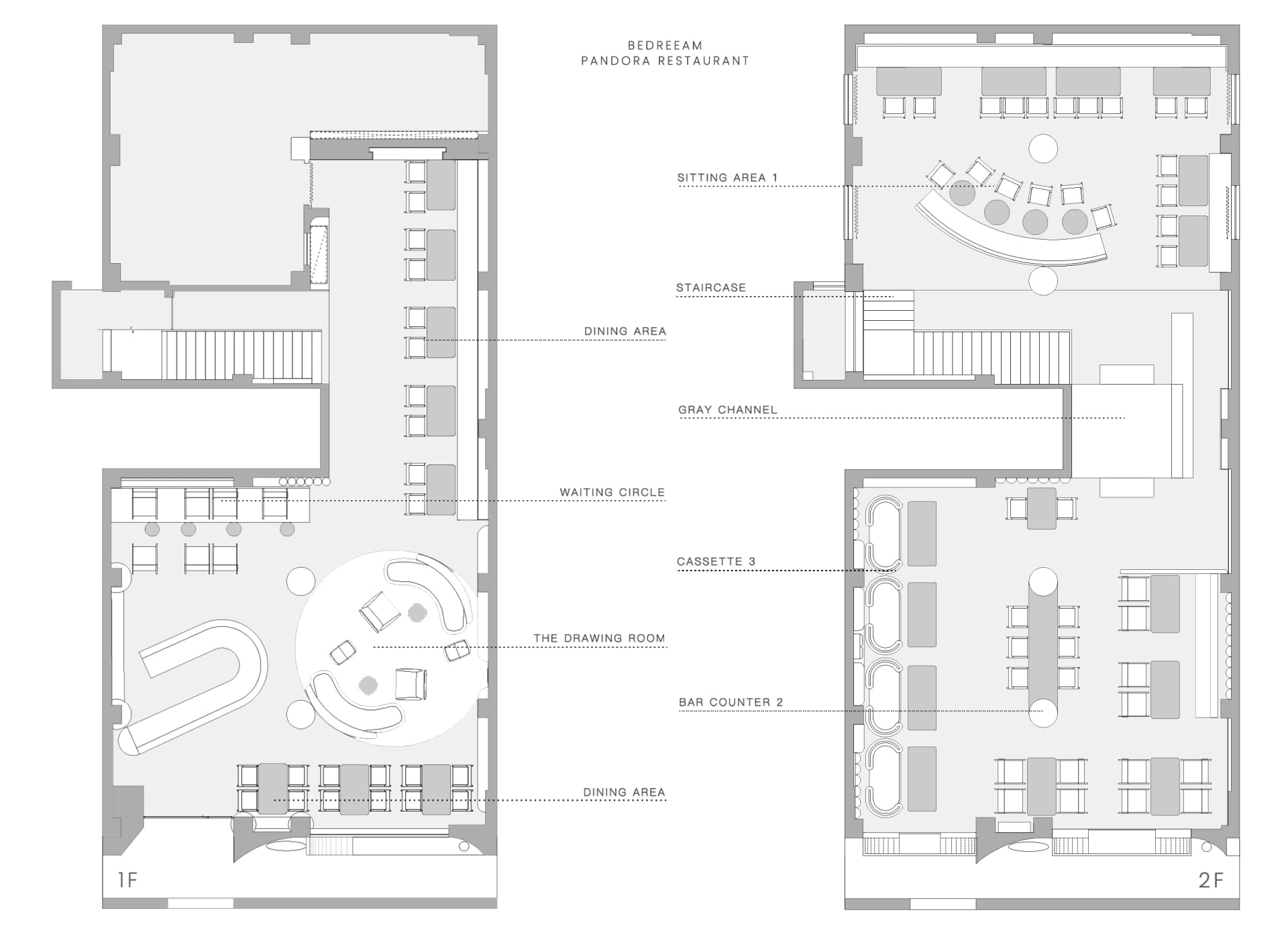 Floor plan of a restaurant with a detailed layout of the dining area, including seating arrangements, waiting areas, and othe