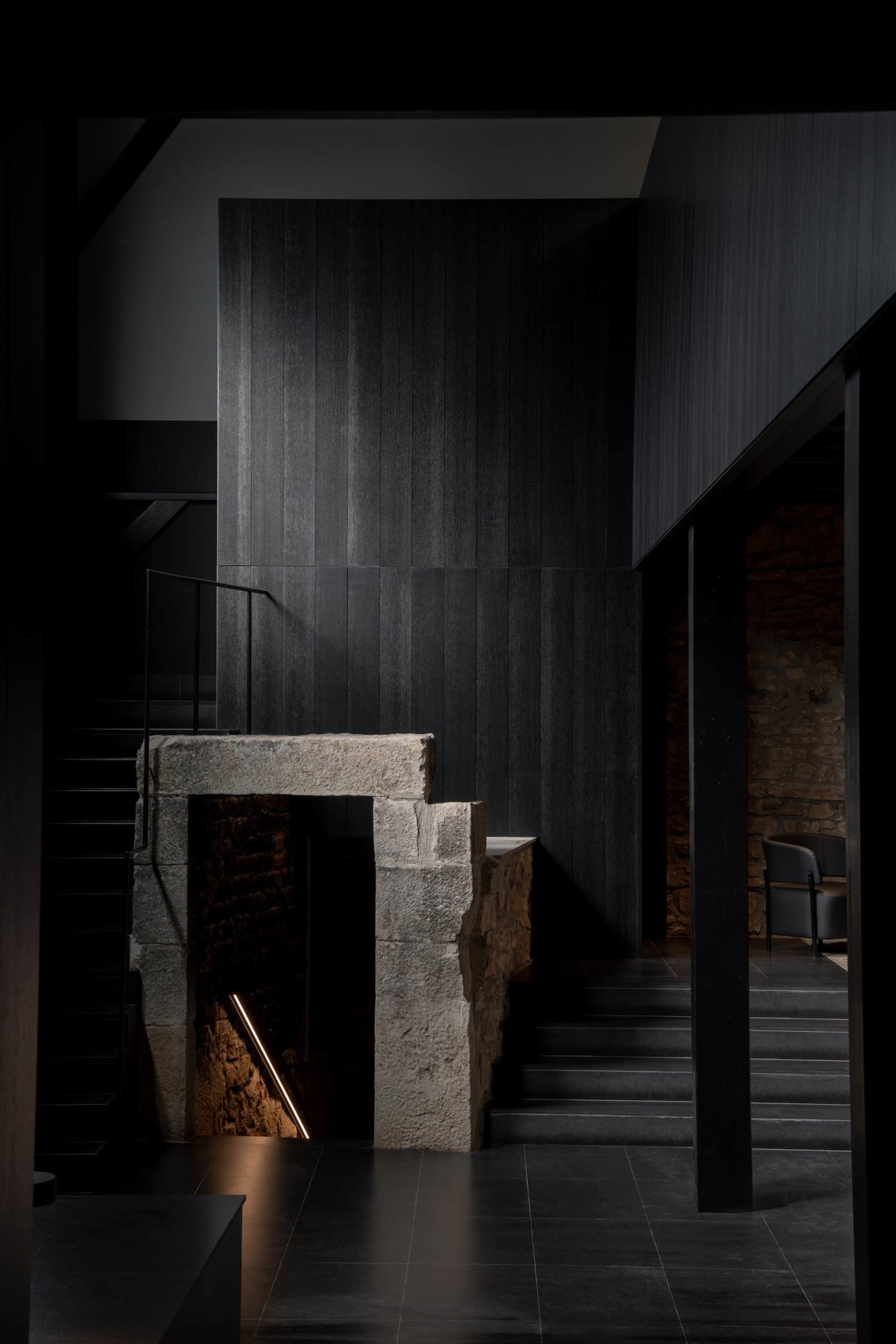 A modern hotel entryway featuring dark wooden walls and flooring, creating a sleek and sophisticated atmosphere.