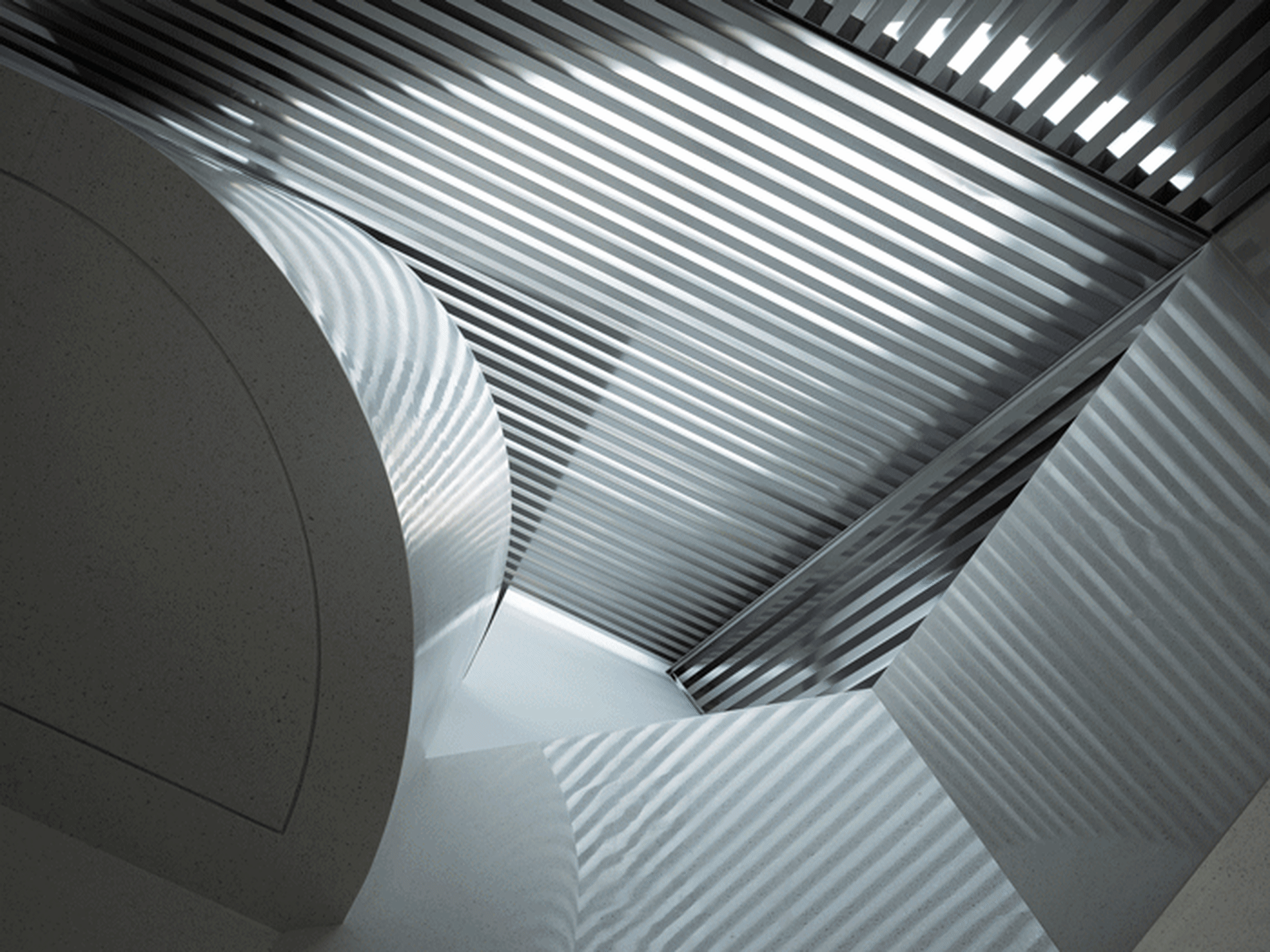 A modern interior design featuring a metal roof