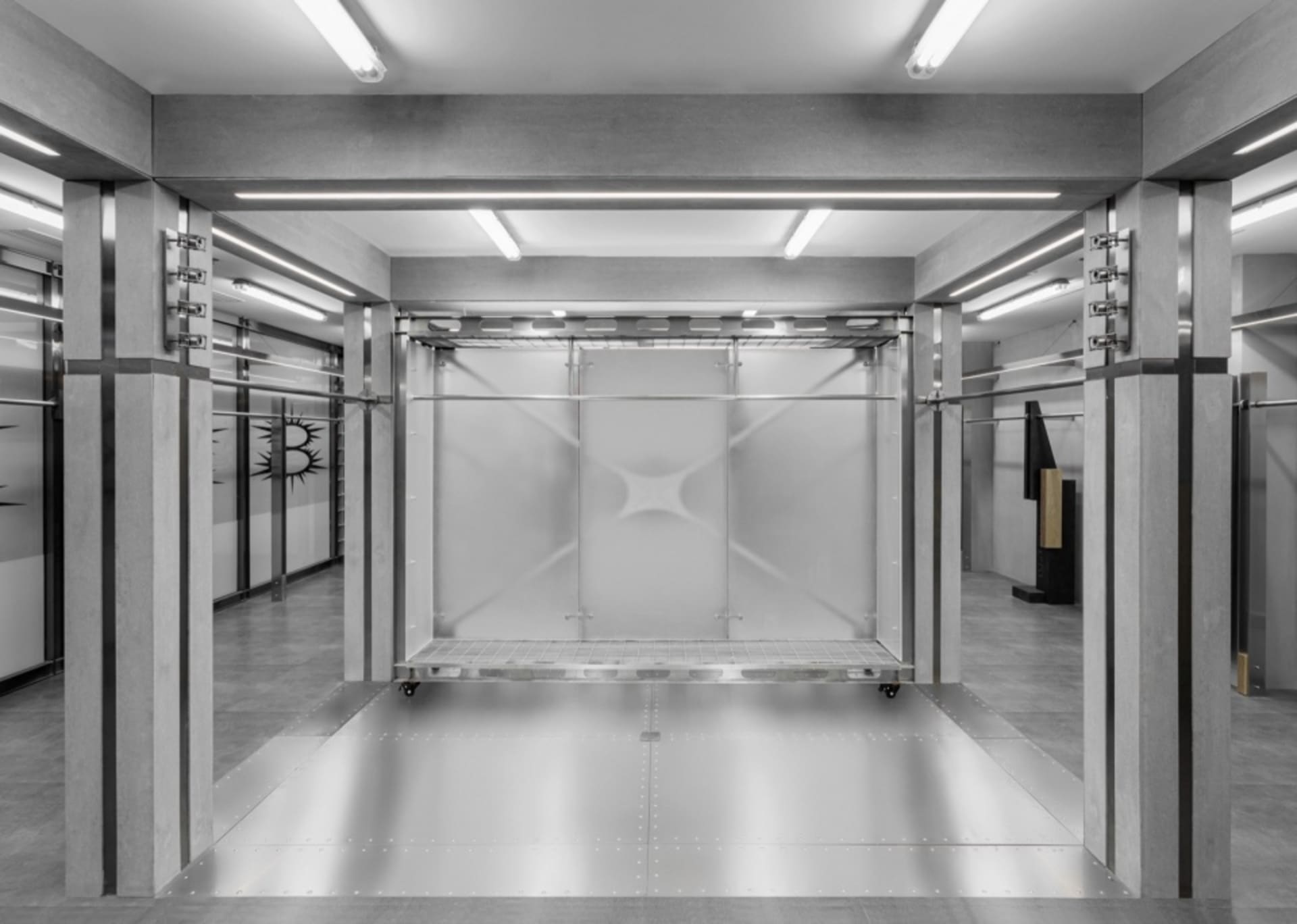 A modern office with metallic interior design, showcasing sleek and contemporary features.