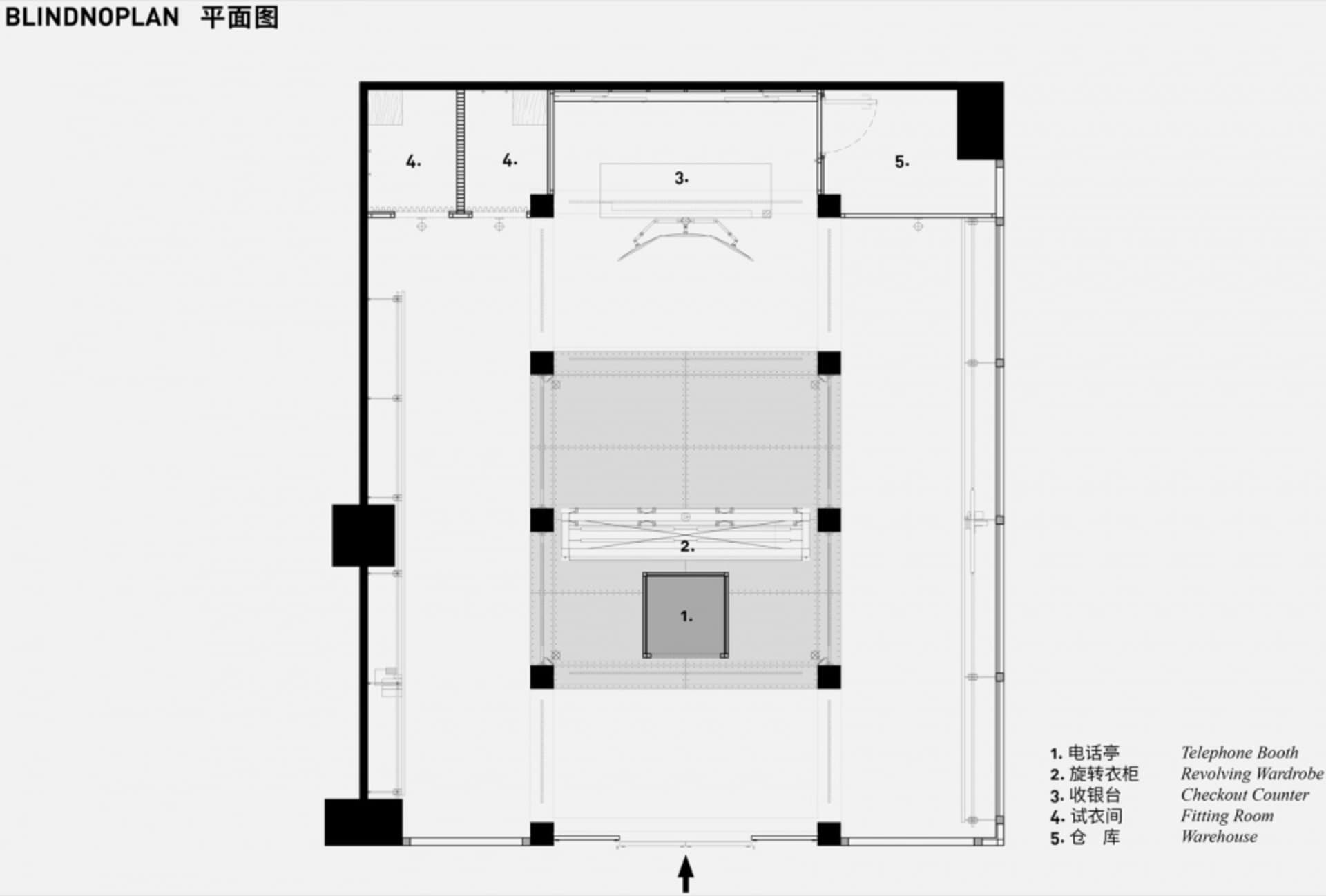 零售店平面圖,展示電話亭、旋轉衣櫃、收銀台及試衣間等細節