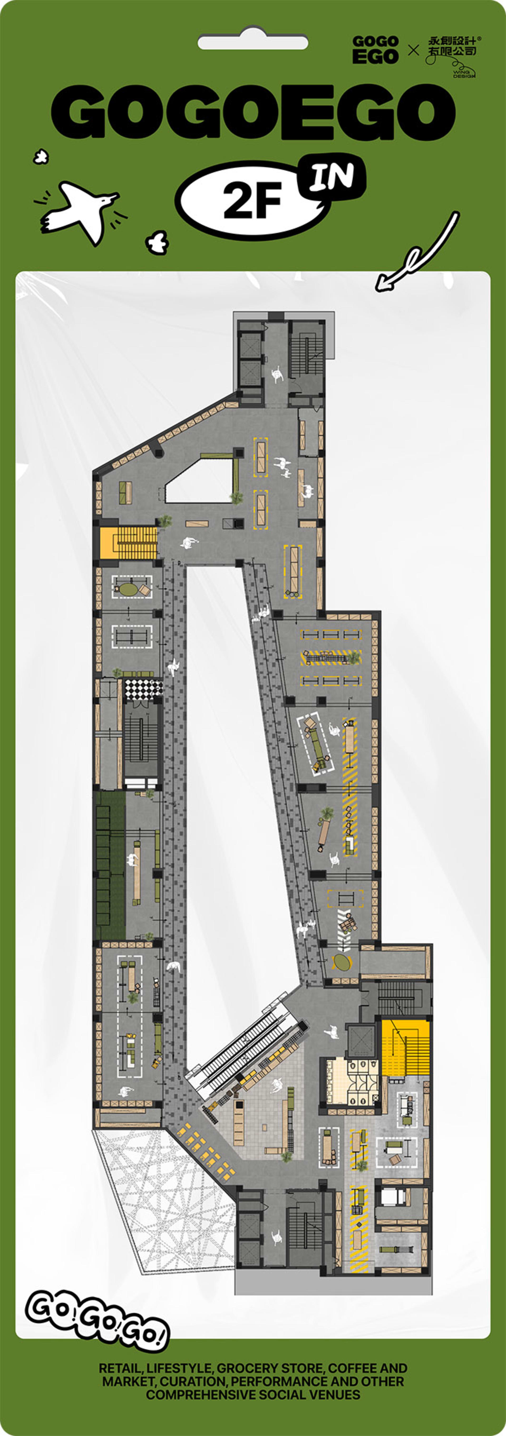 Detailed blueprint of a commercial space with concrete, wood, and glass materials.