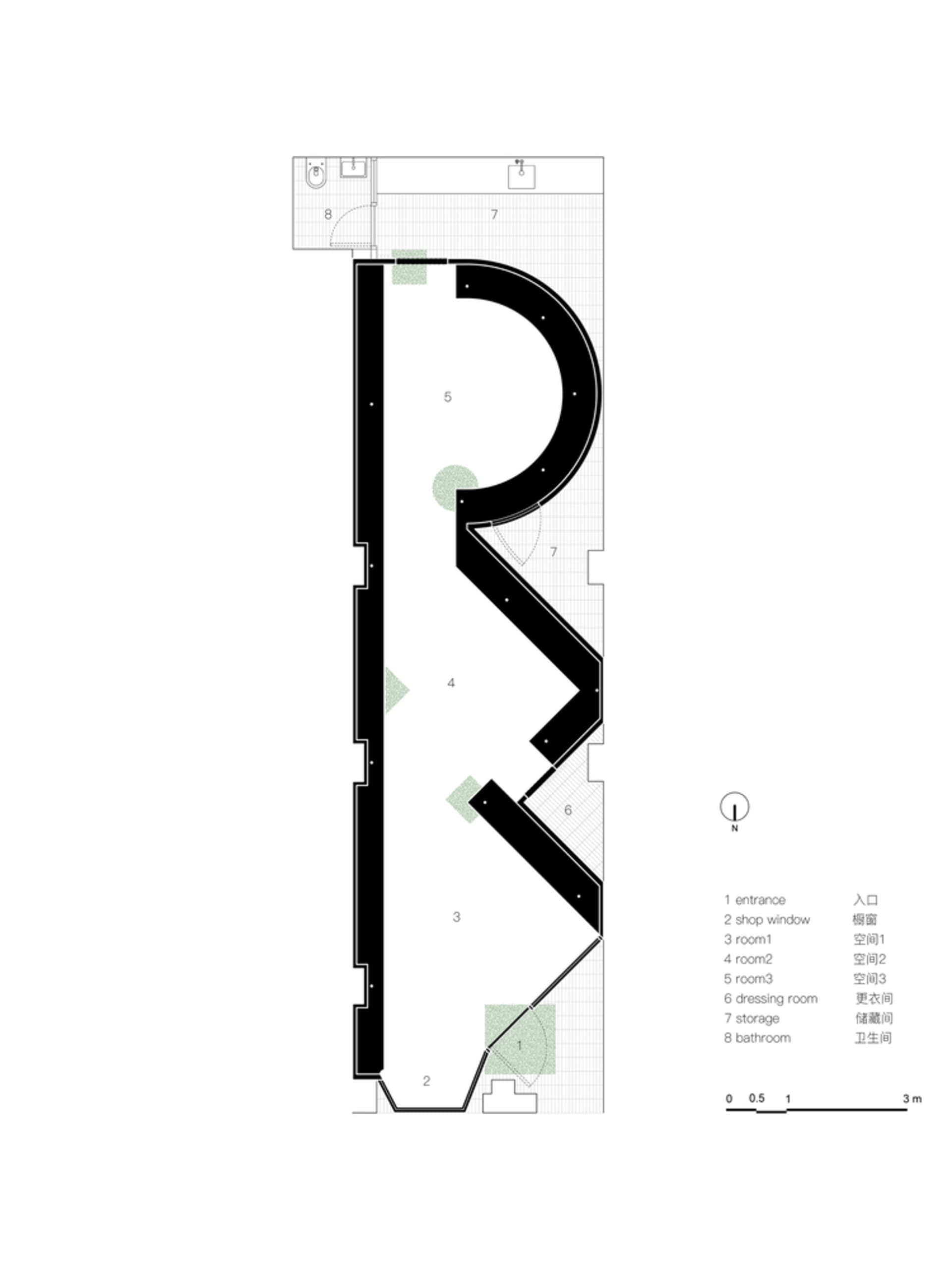 現代極簡建築平面圖，展示黑色線條與格線。