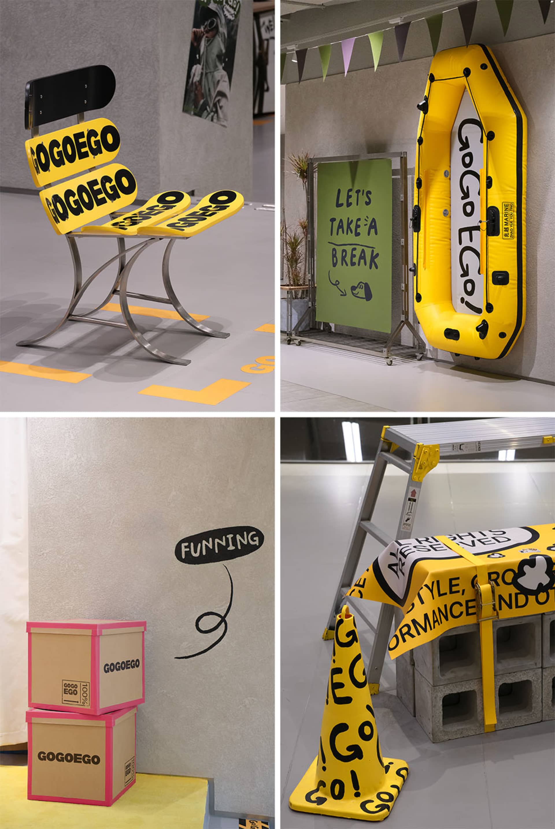A collage of interior design elements including a metal chair with yellow text, a yellow inflatable boat, stacked cardboard b