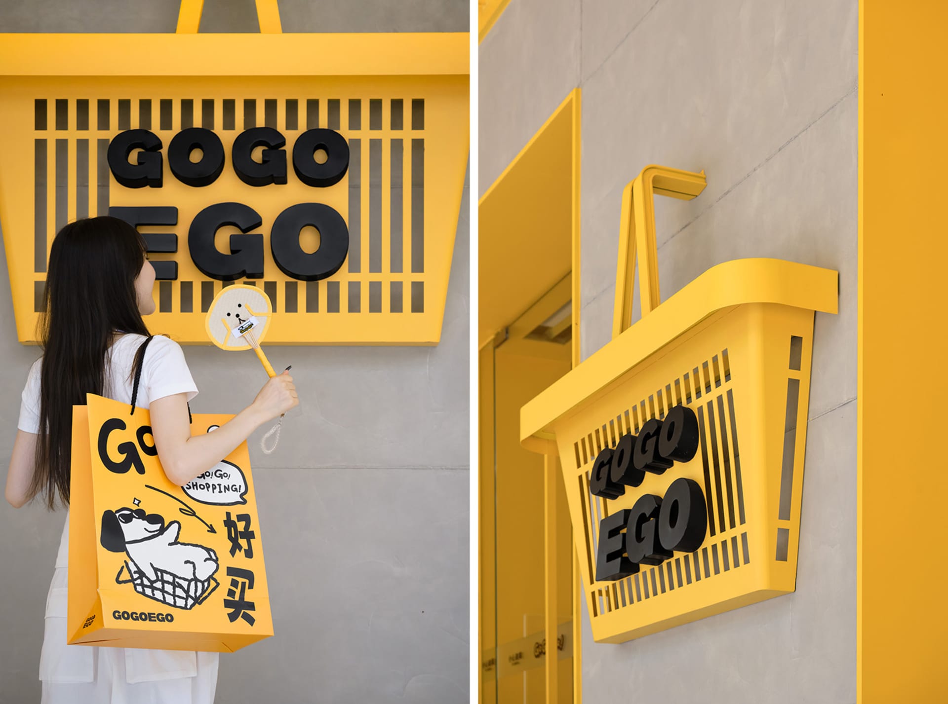 A woman holding a shopping bag with a dog illustration in front of a yellow storefront sign.