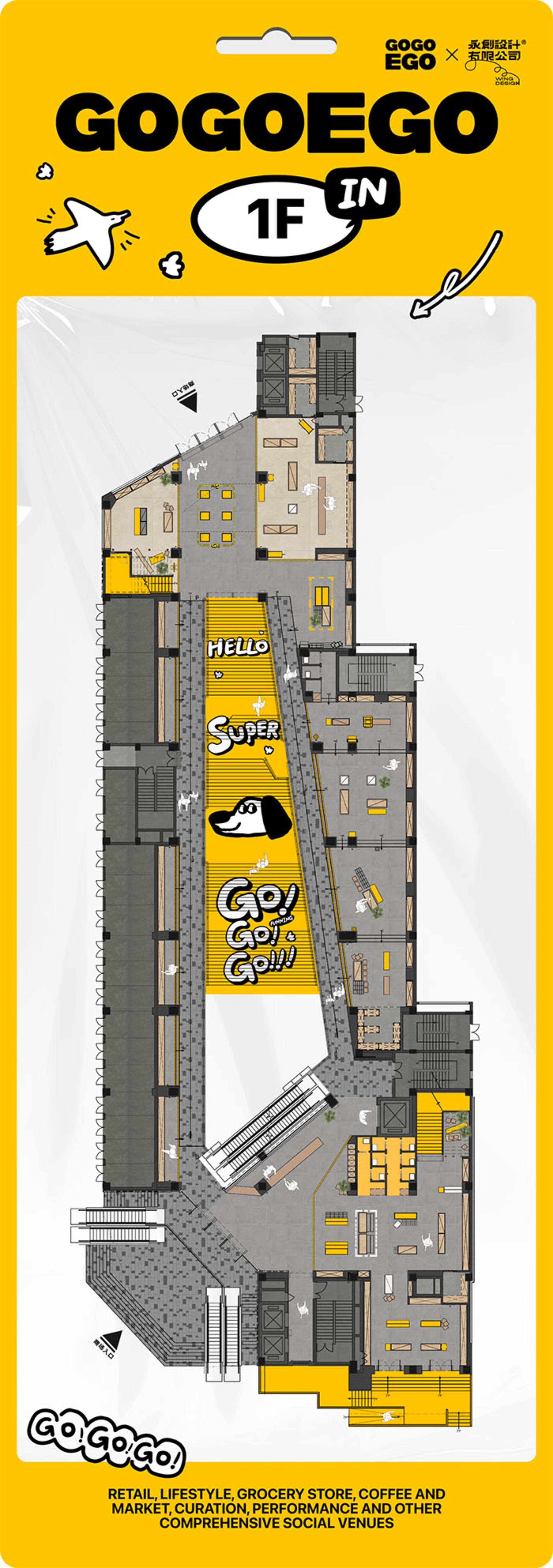 Floor plan of the first floor of a retail and market space named Gogoego, featuring various functional zones and a central ha