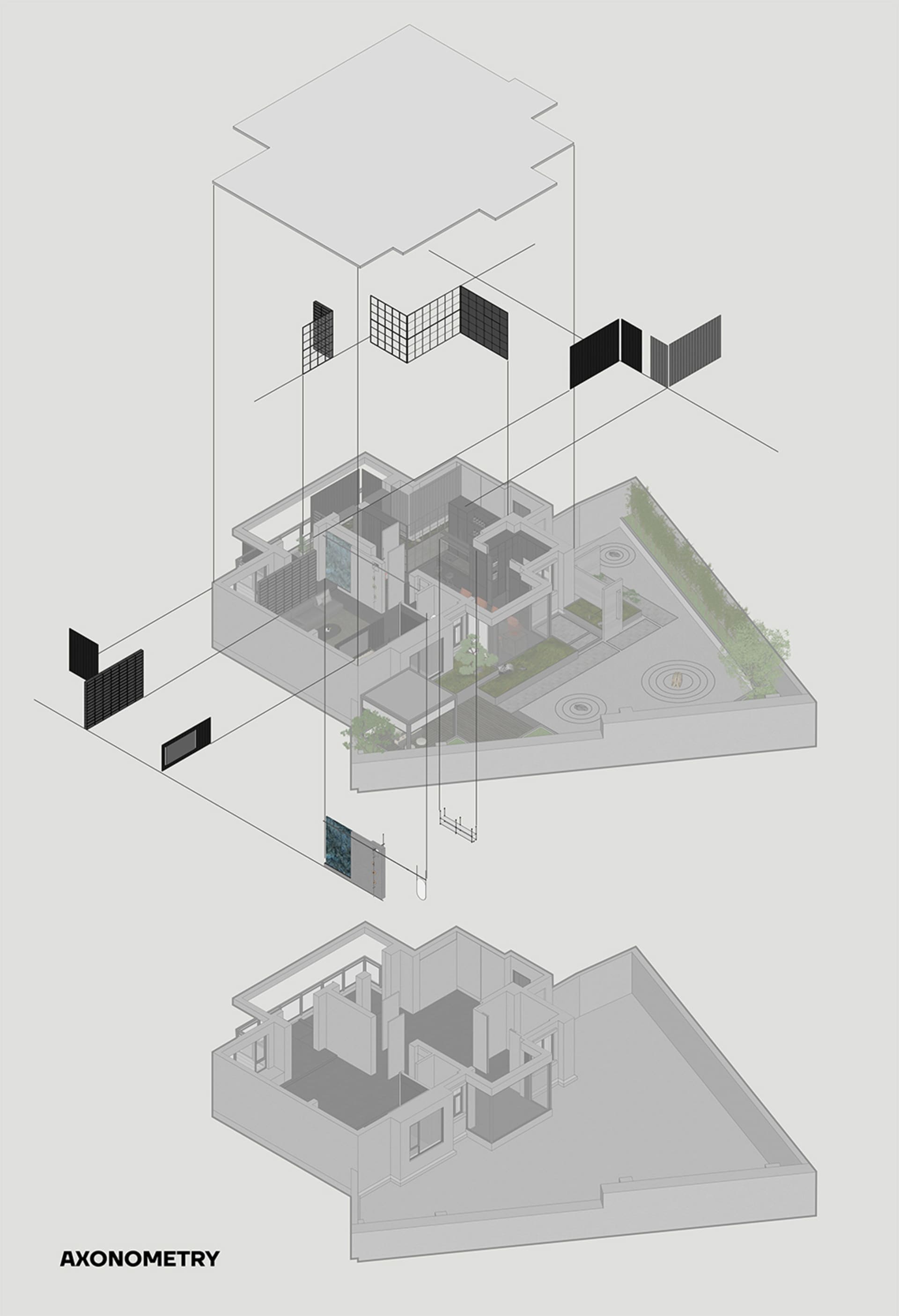 等角渲染的多層次室內空間,包含各種建築元素與材質。