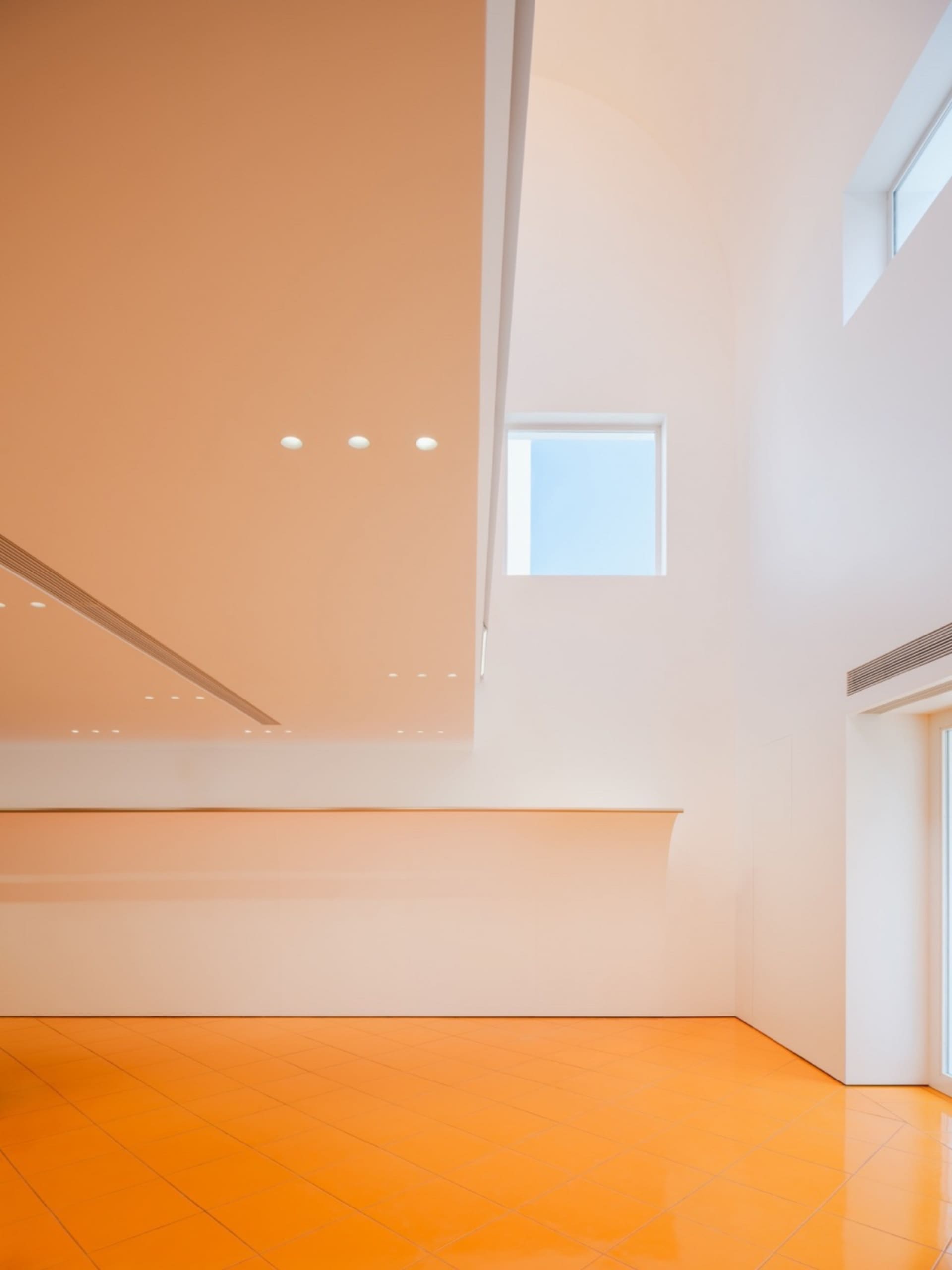 Modern lobby with orange floor tiles and concrete walls