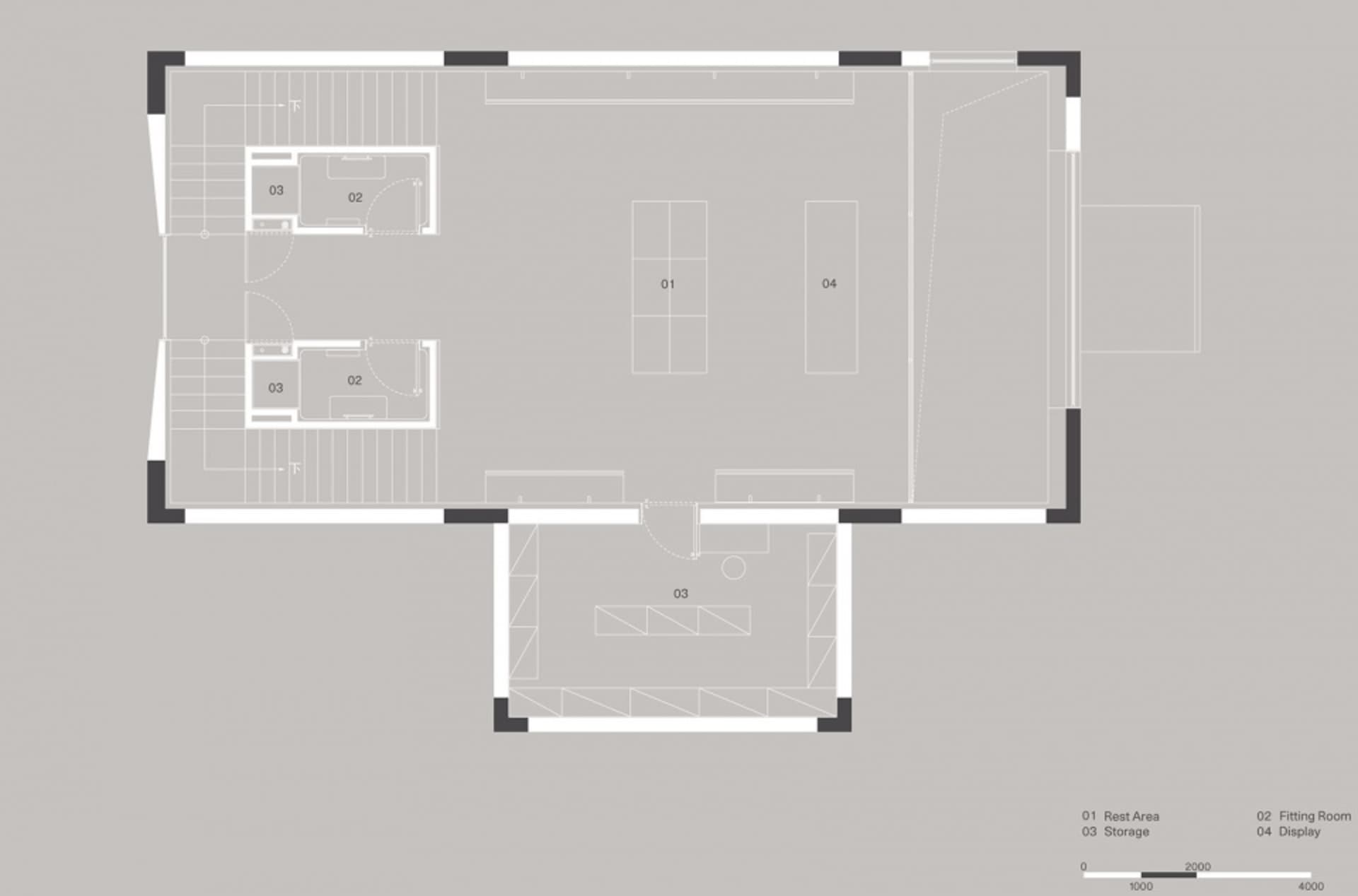 Floor plan of a retail display area with rest area, fitting room, storage, and display sections.
