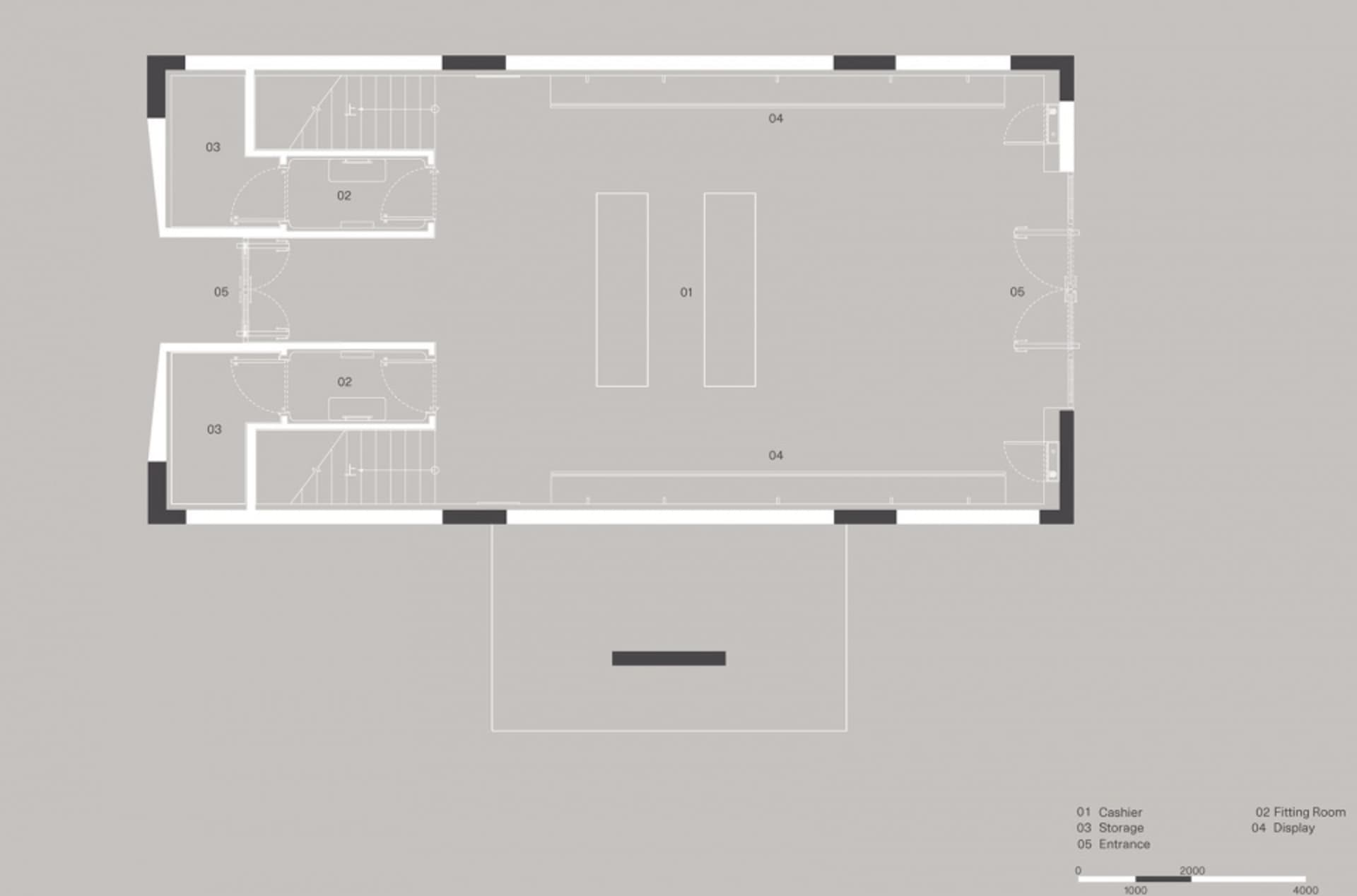 Plan of a retail fitting room featuring concrete and metal materials.