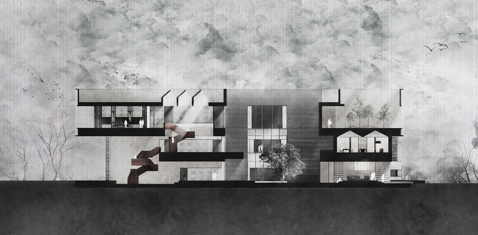 A modern house plan showing various levels with concrete elements and people.