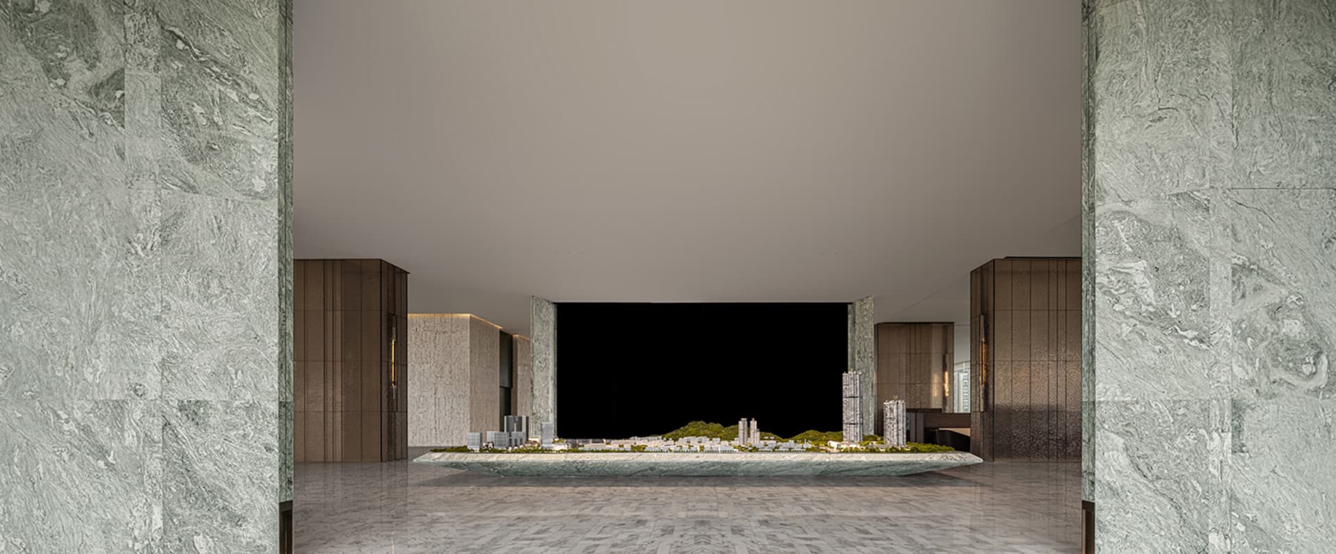 An architectural rendering showcasing a modern interior design with concrete, glass, and marble elements.