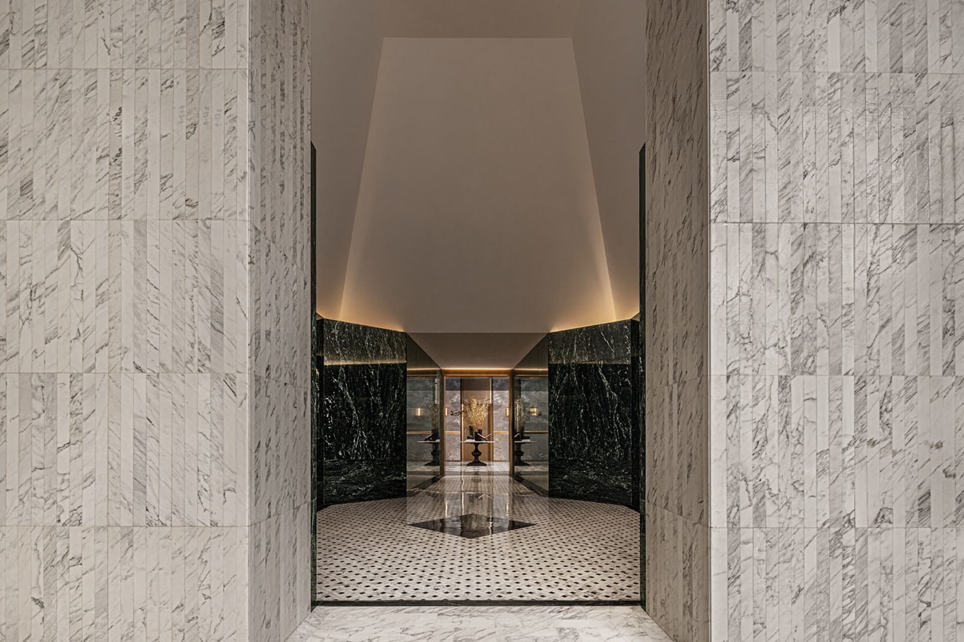 Modern interior design with marble walls and flooring