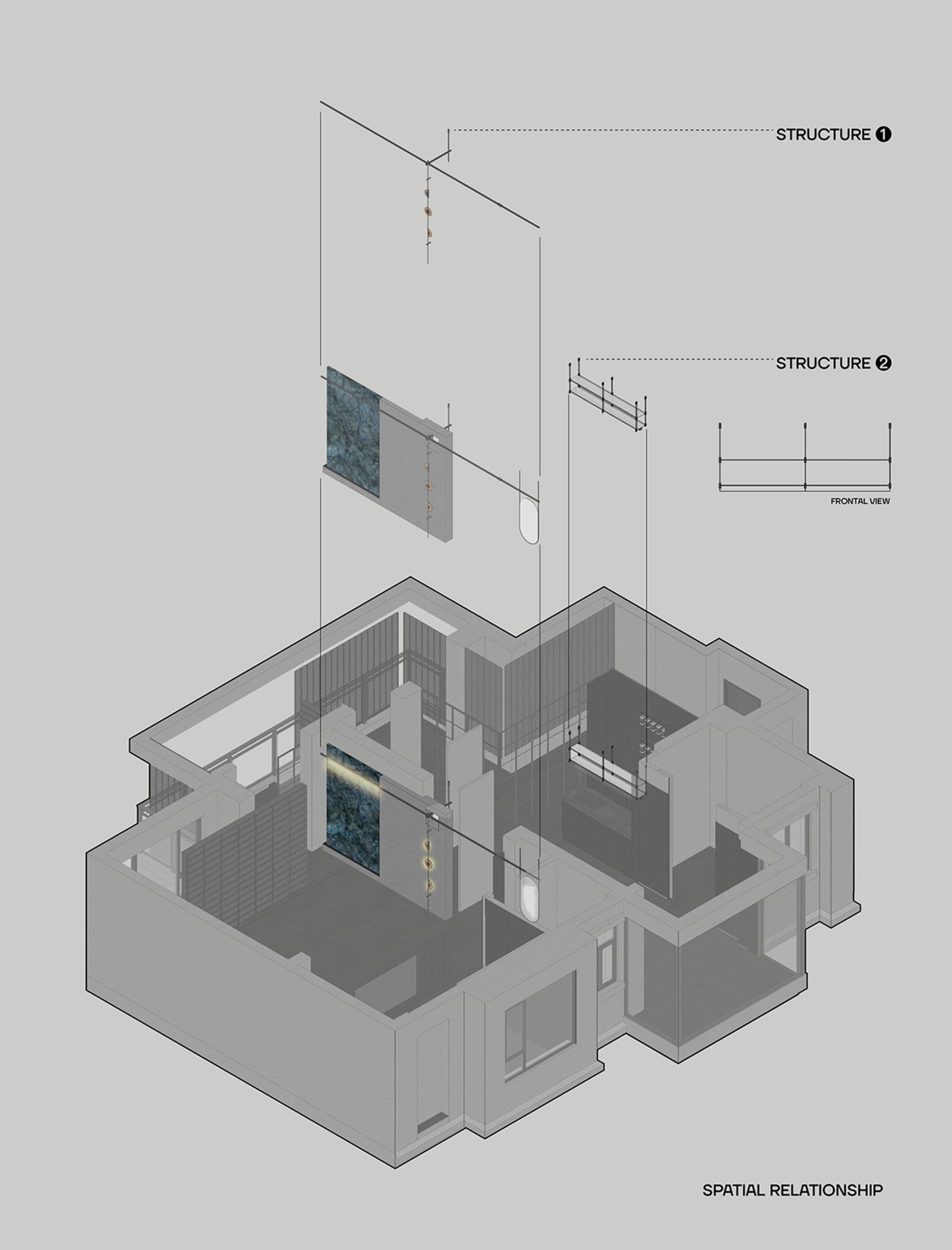A shaded floor plan of a modern interior space with structural elements and a front wall view.