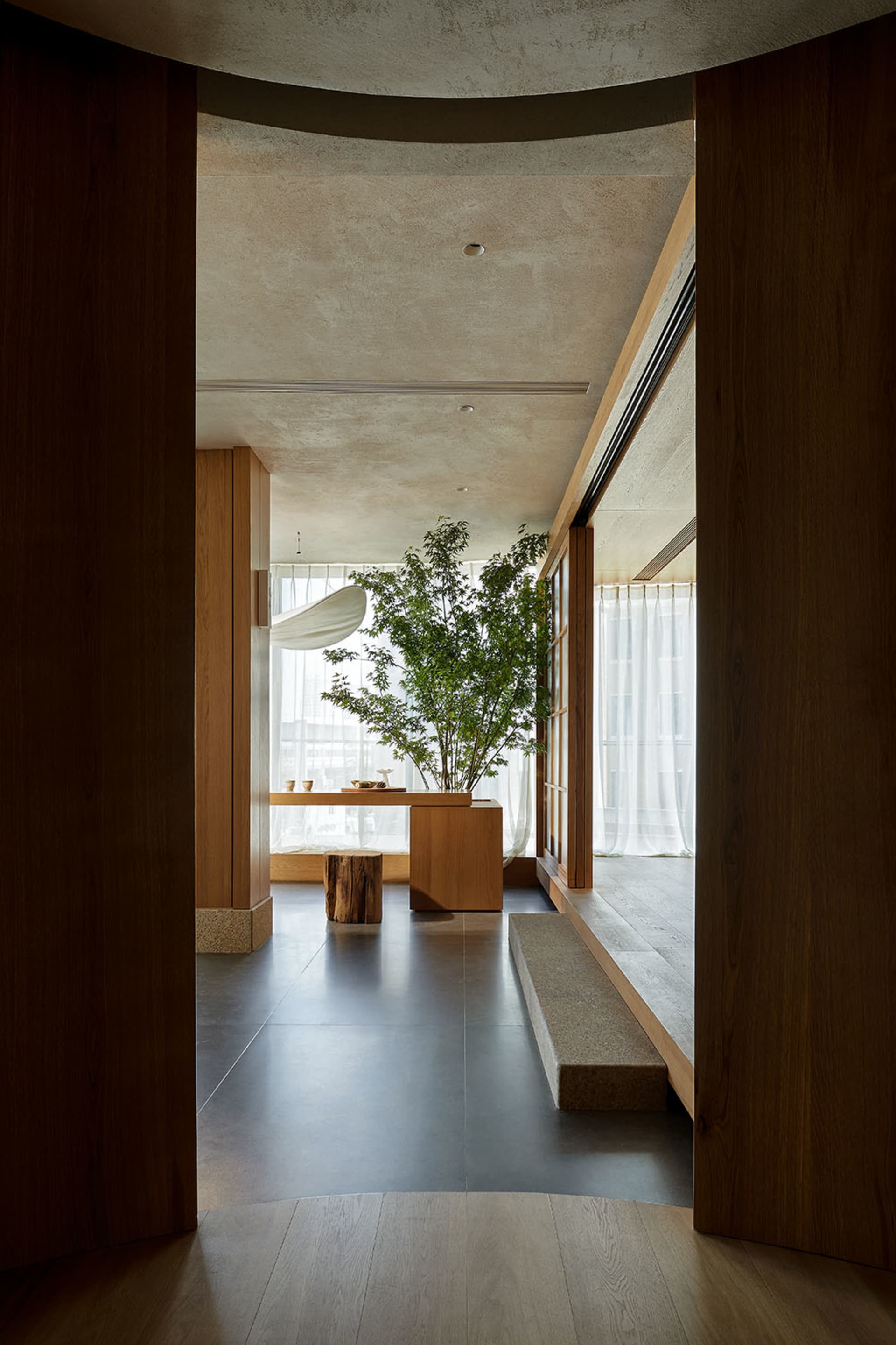 A modern living room with concrete flooring, wooden panels, large windows, and a plant in a minimalist design.