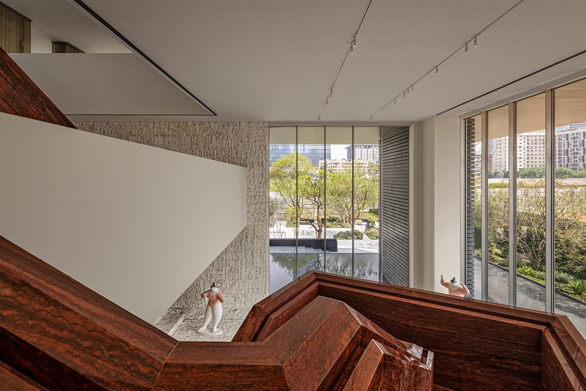 Modern staircase made of wood in an indoor setting.