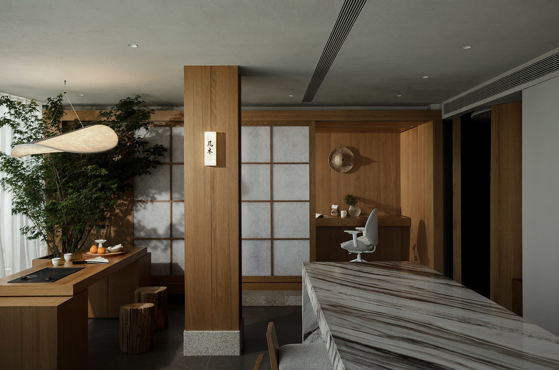 Modern minimalist home office featuring wooden furniture and materials, including a desk, chair, and storage solutions.