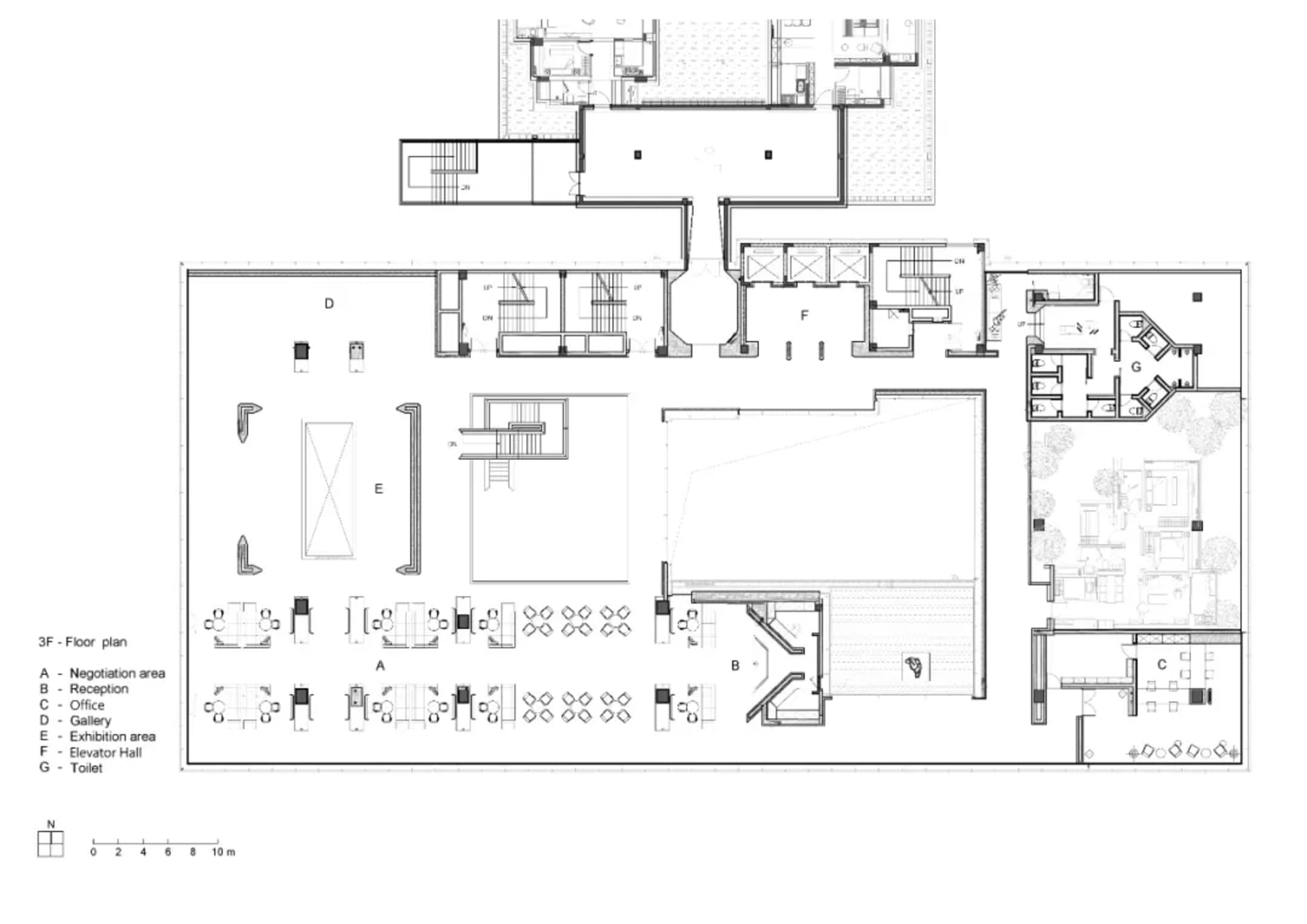 2D architectural drawing of an office building floor plan with concrete materials