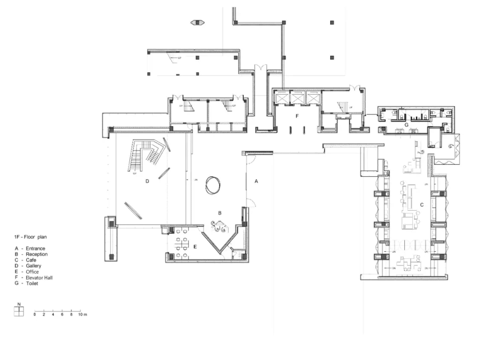 現代辦公空間的詳細建築平面圖，採用混凝土與金屬材質。