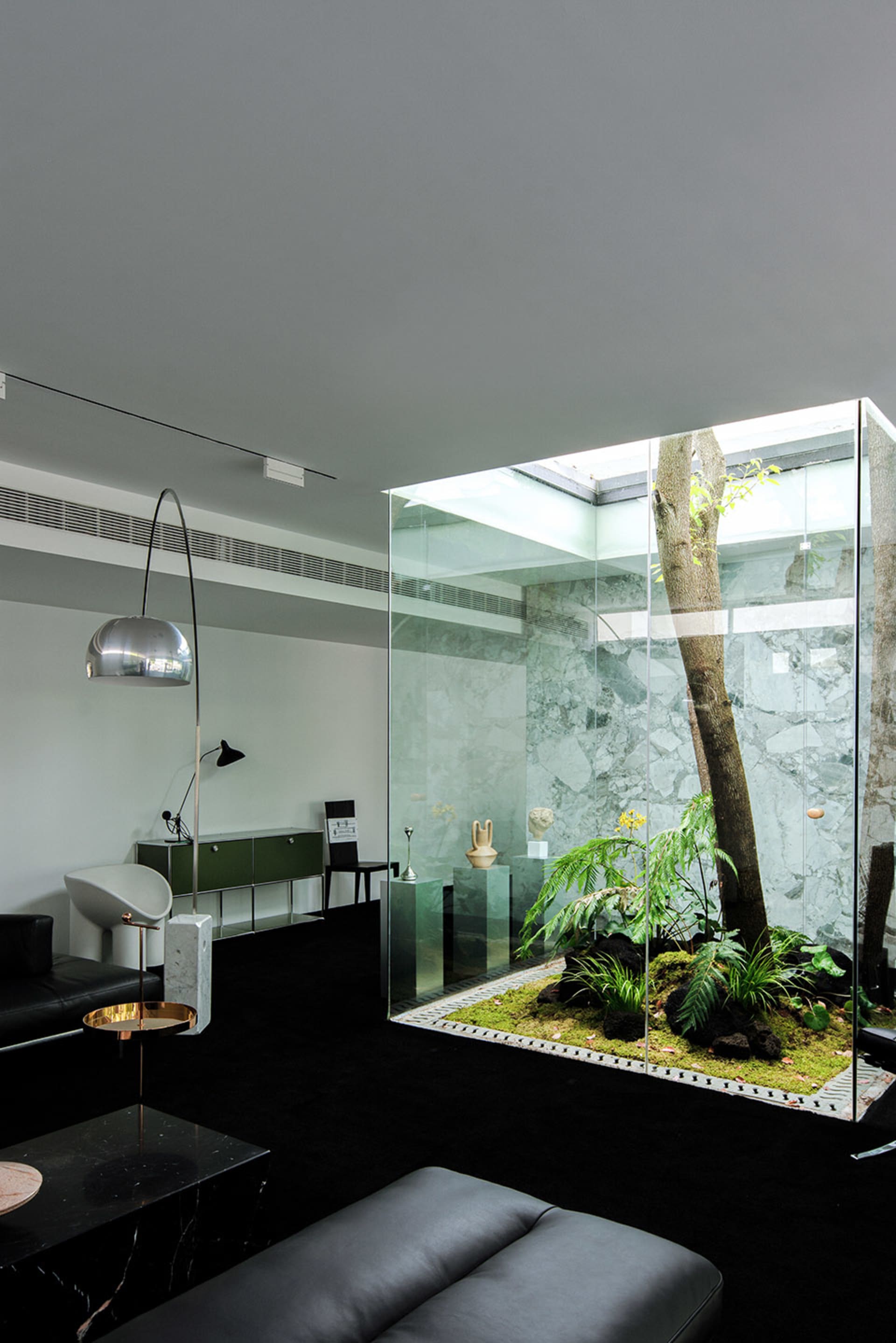 Modern living room featuring a glass-encased garden with a tree, plants, and artwork.