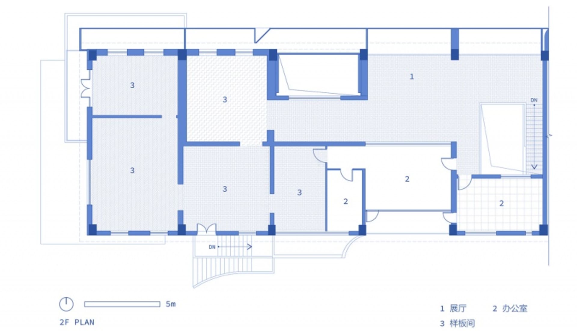 Blueprint floor plan of a residential living space with various rooms labeled 1-3.