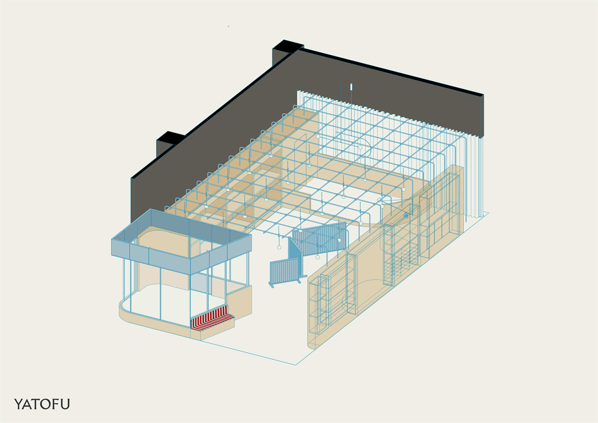 未使用的建築空間，內有金屬格柵結構