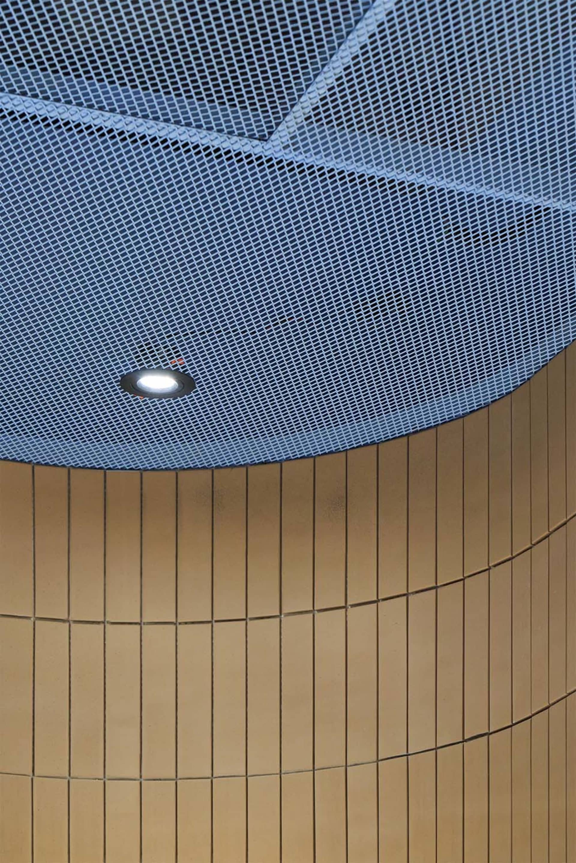 A close-up of a blue metal grid ceiling with a recessed light fixture.
