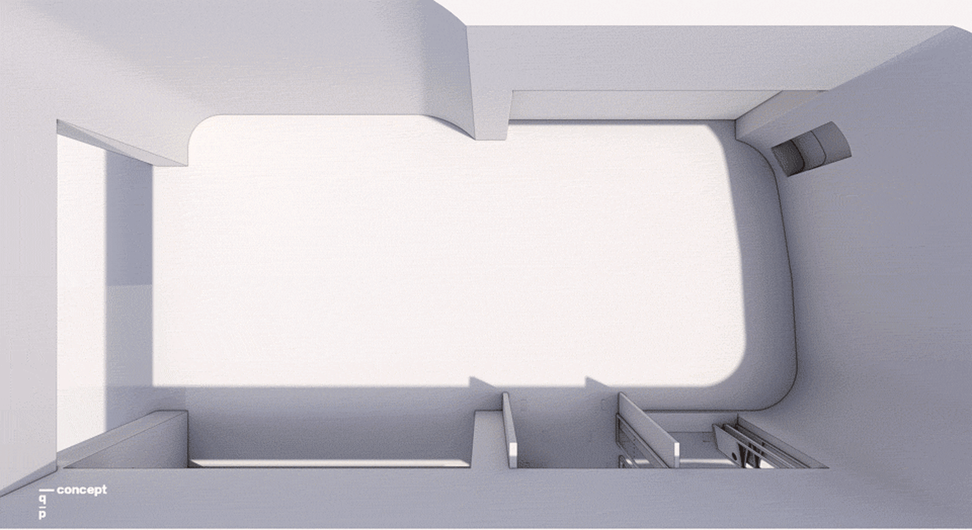 Minimalist office space with clean lines and neutral colors rendered in 3D perspective.