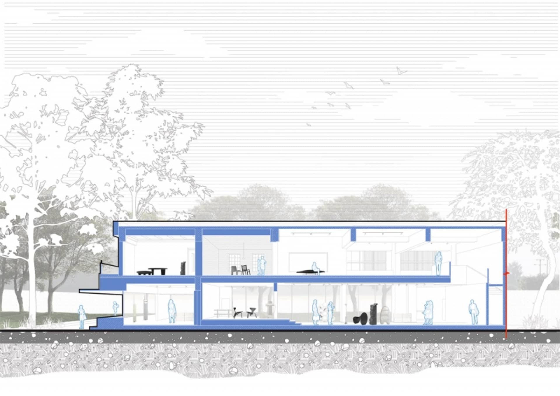 現代室內橫剖面建築圖,展示玻璃牆與混凝土地板,並有人物描繪