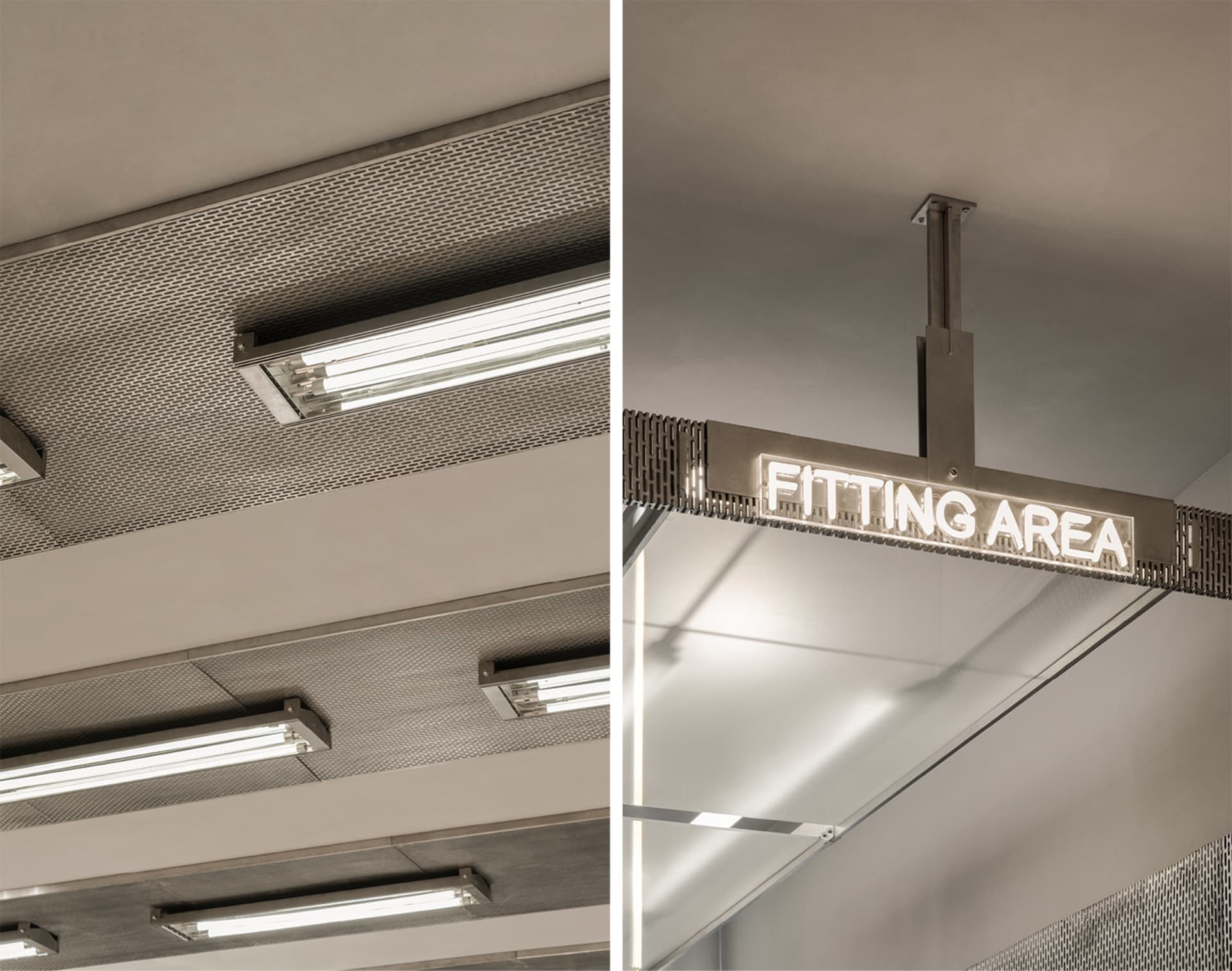 Metal ceiling with a sign that reads 'fitting area' in white lights.
