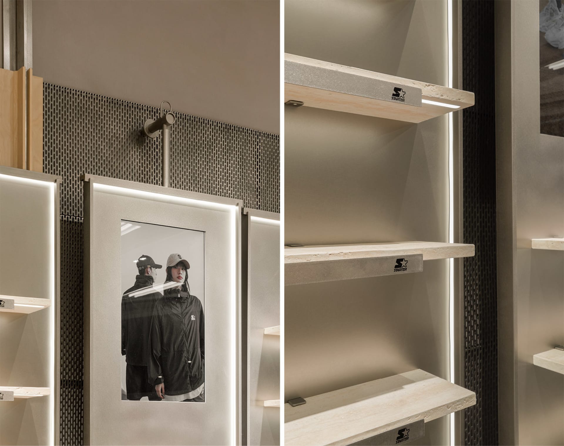 A modern interior design featuring a display case with wooden shelves and a concrete wall background.